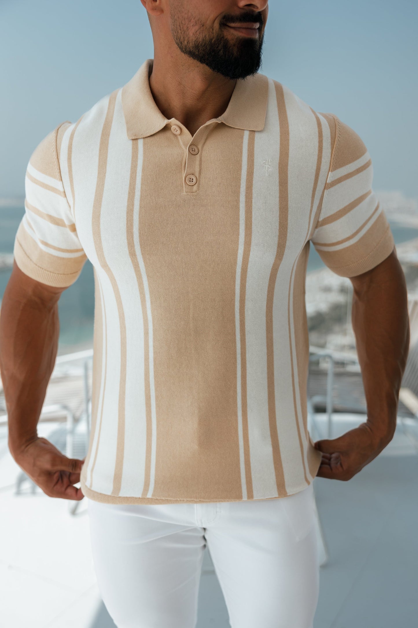 Elevate Your Wardrobe with the Father Sons Chic Beige & Off-White Vertical Stripe Knitted Polo - Short Sleeve Style!