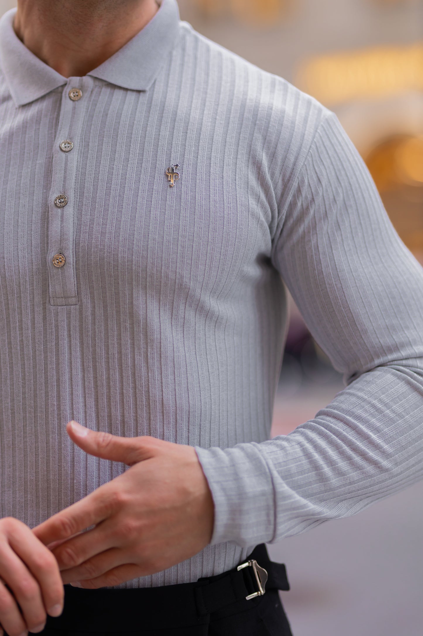 Elevate Your Style: Light Grey Ribbed Long Sleeve Polo with Silver Accent by Father Sons - FSH973