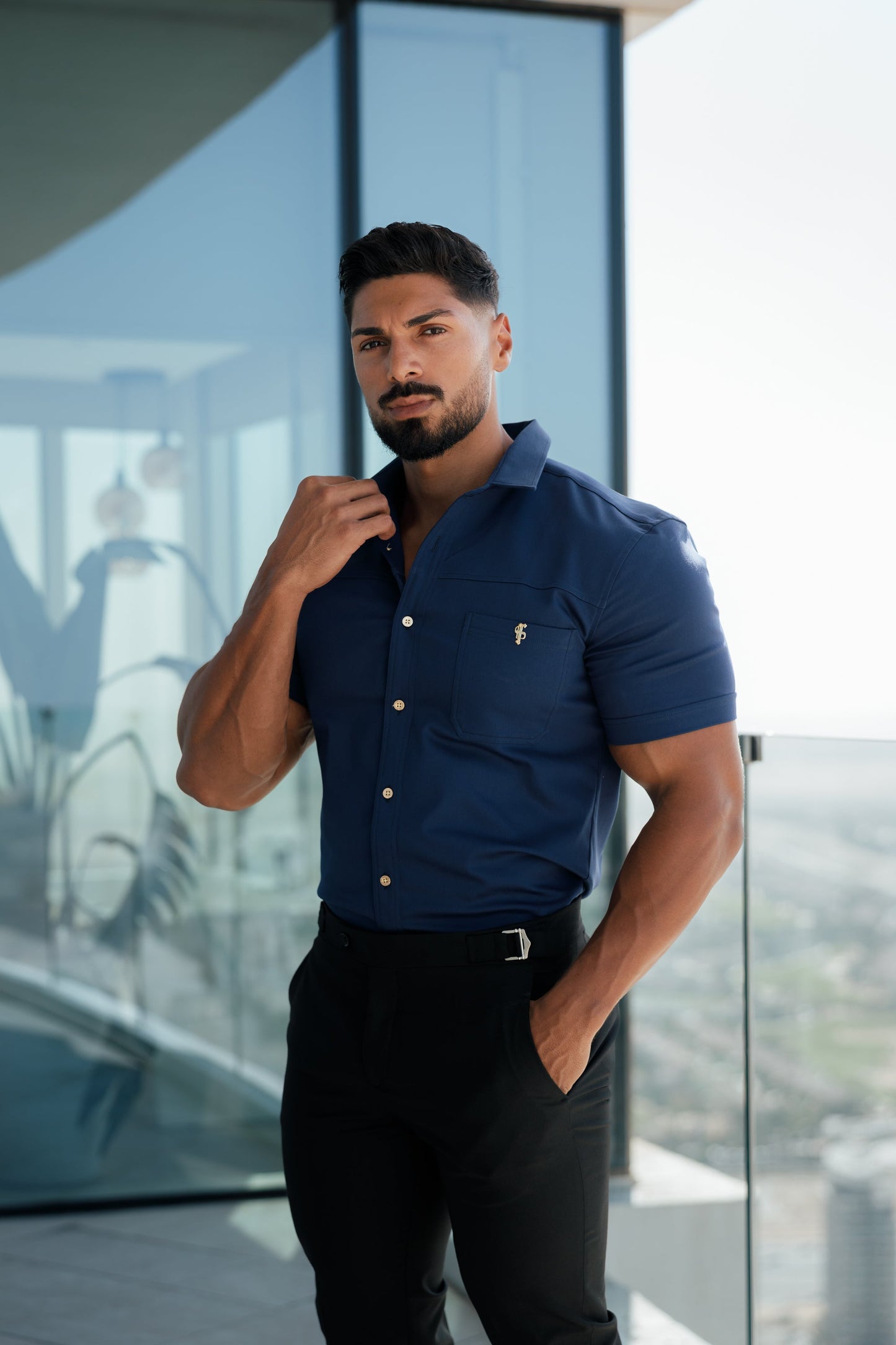 Father Sons Ultra-Sleek Navy Denim Short Sleeve Shirt with Stylish Horizontal Seam and Pocket - FS959