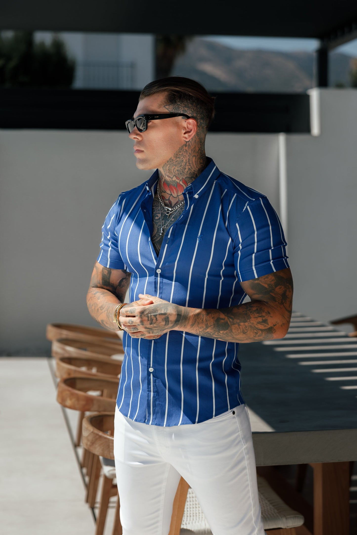 Elevate Your Style with Father Sons Ocean Blue Super Slim Stretch Short Sleeve Shirt – Bold Wide Stripes & Button Down Collar - FS1056