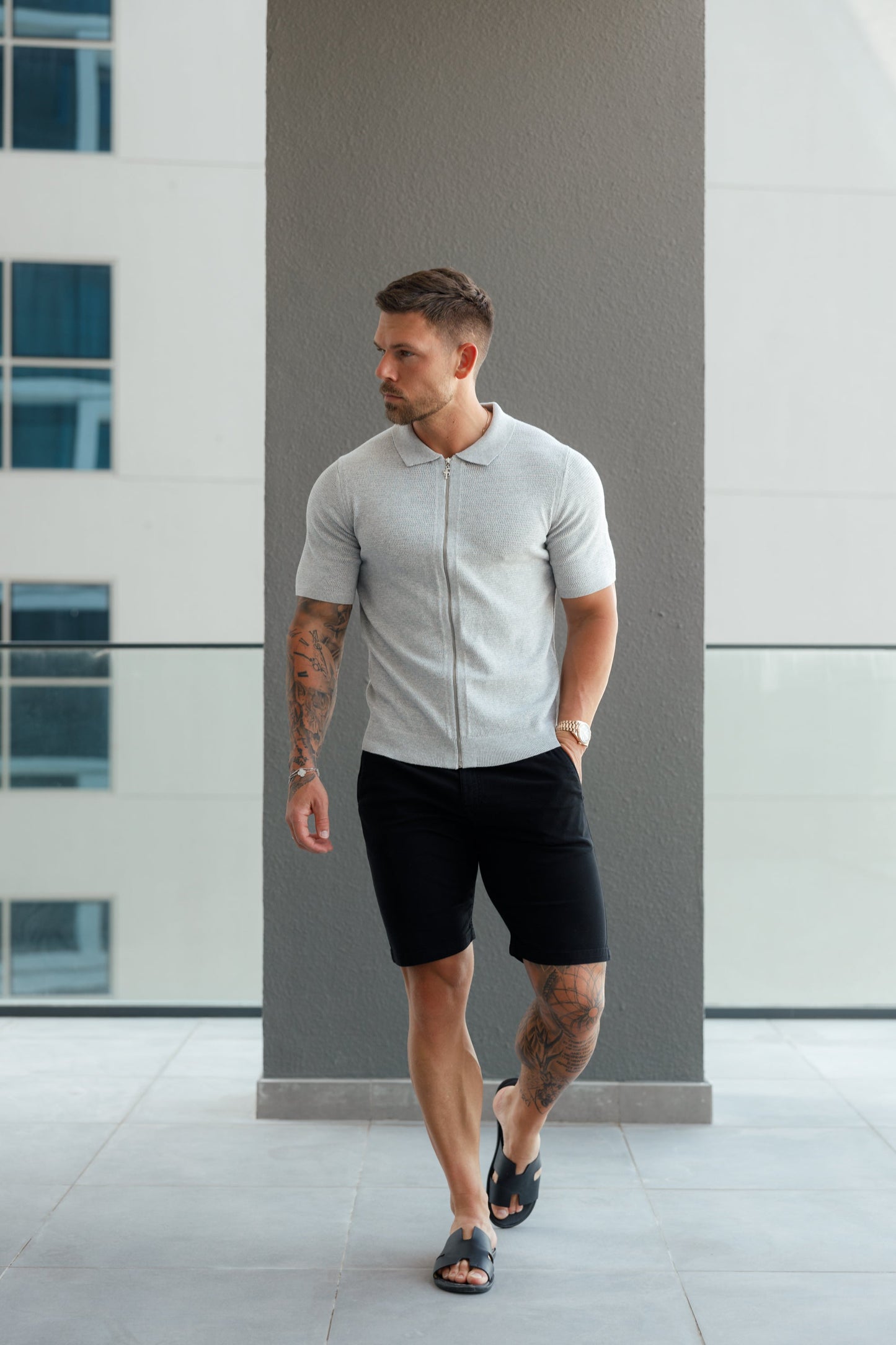 Elevate Your Wardrobe: Father Sons Light Grey Short Sleeve Knit Zip-Up with Chic Textured Design - FSN154