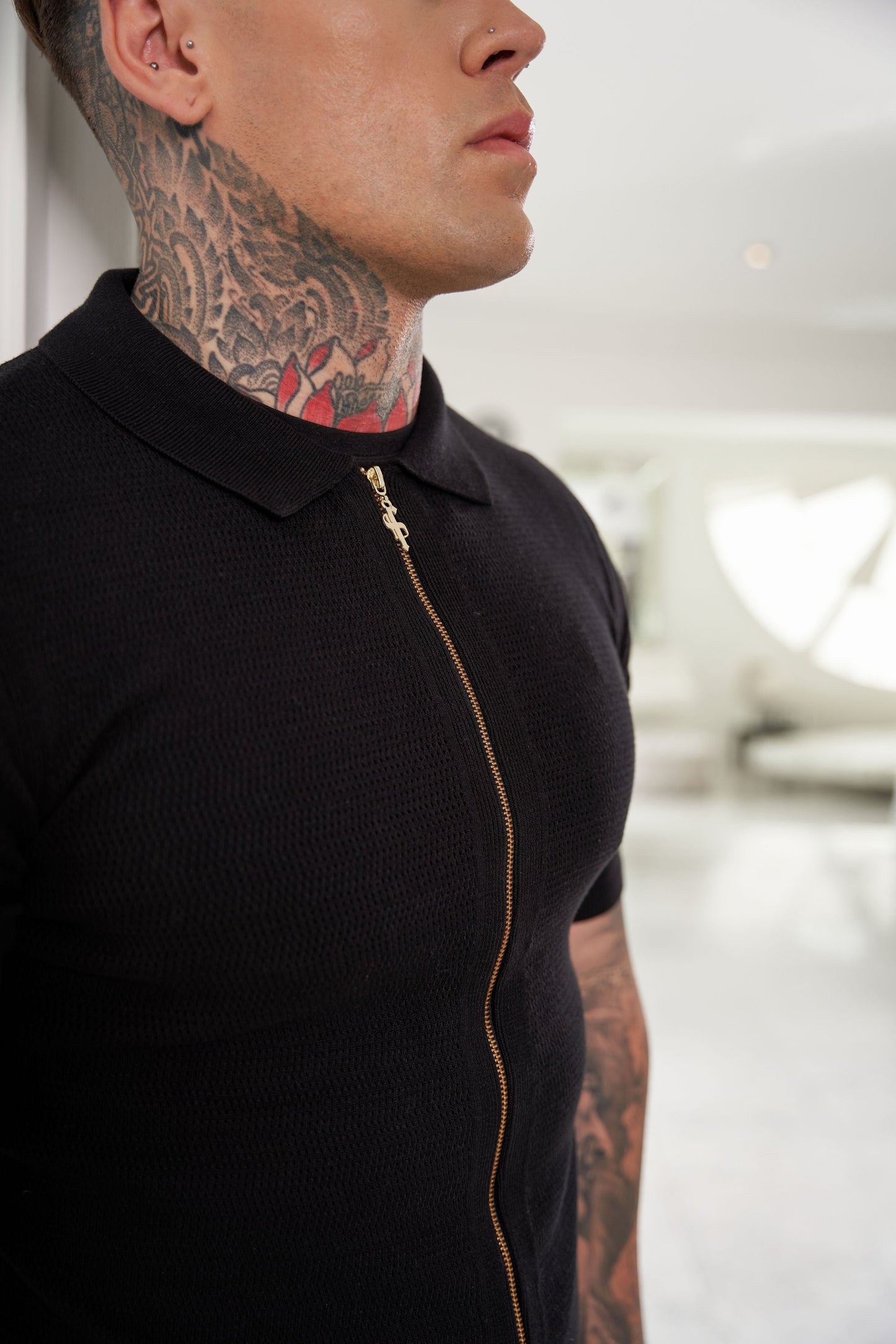 Stylish Black Short Sleeve Zip-Up Knit Sweater with Classic Textured Design - Father Sons Collection - FSN151