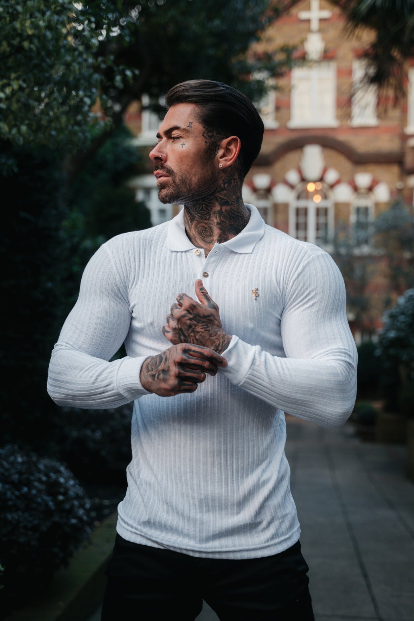 Elevate Your Style with the Father Sons Long Sleeve White Ribbed Polo Shirt Featuring a Stunning Gold Decal - FSH975