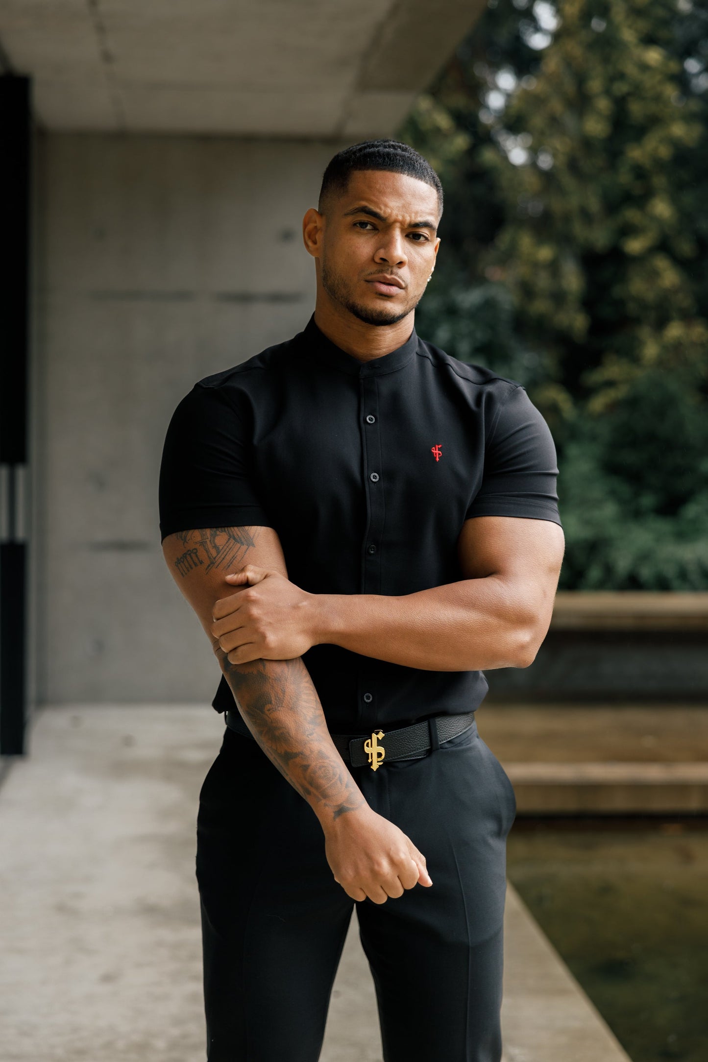 Elevate Your Style with Father Sons Super Slim Fit Black Scuba Short Sleeve Stretch Shirt Featuring a Trendy Grandad Collar - FS930