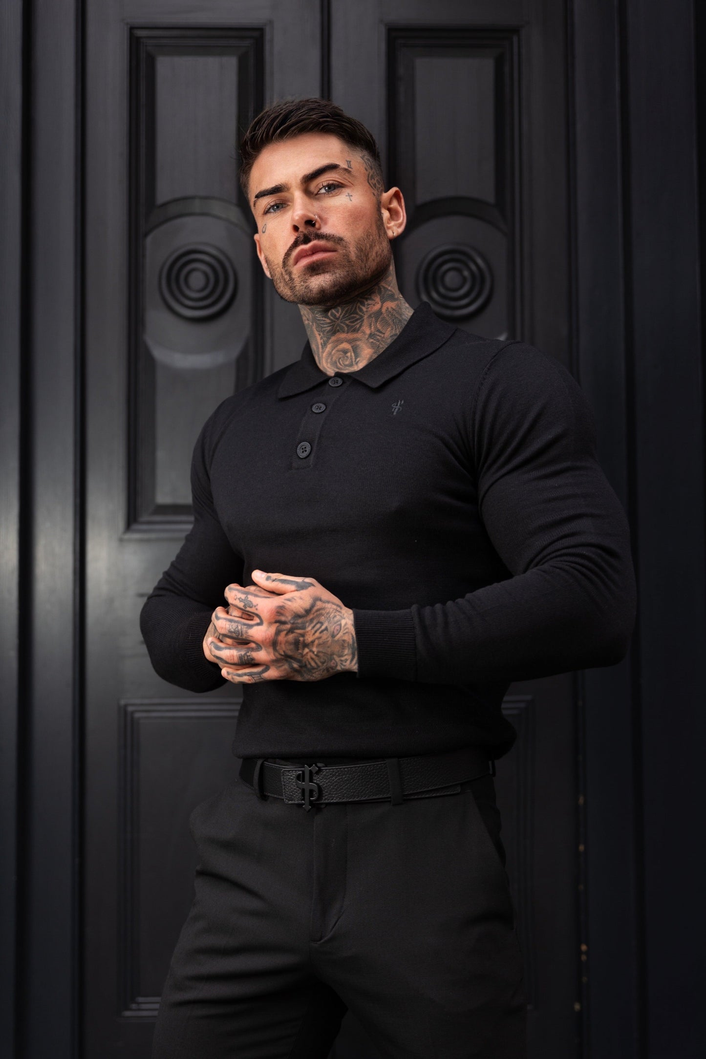 Timeless Elegance: Classic Black Long Sleeve Knitted Polo Jumper for Men with Subtle Tonal FS Embroidery - FSN139