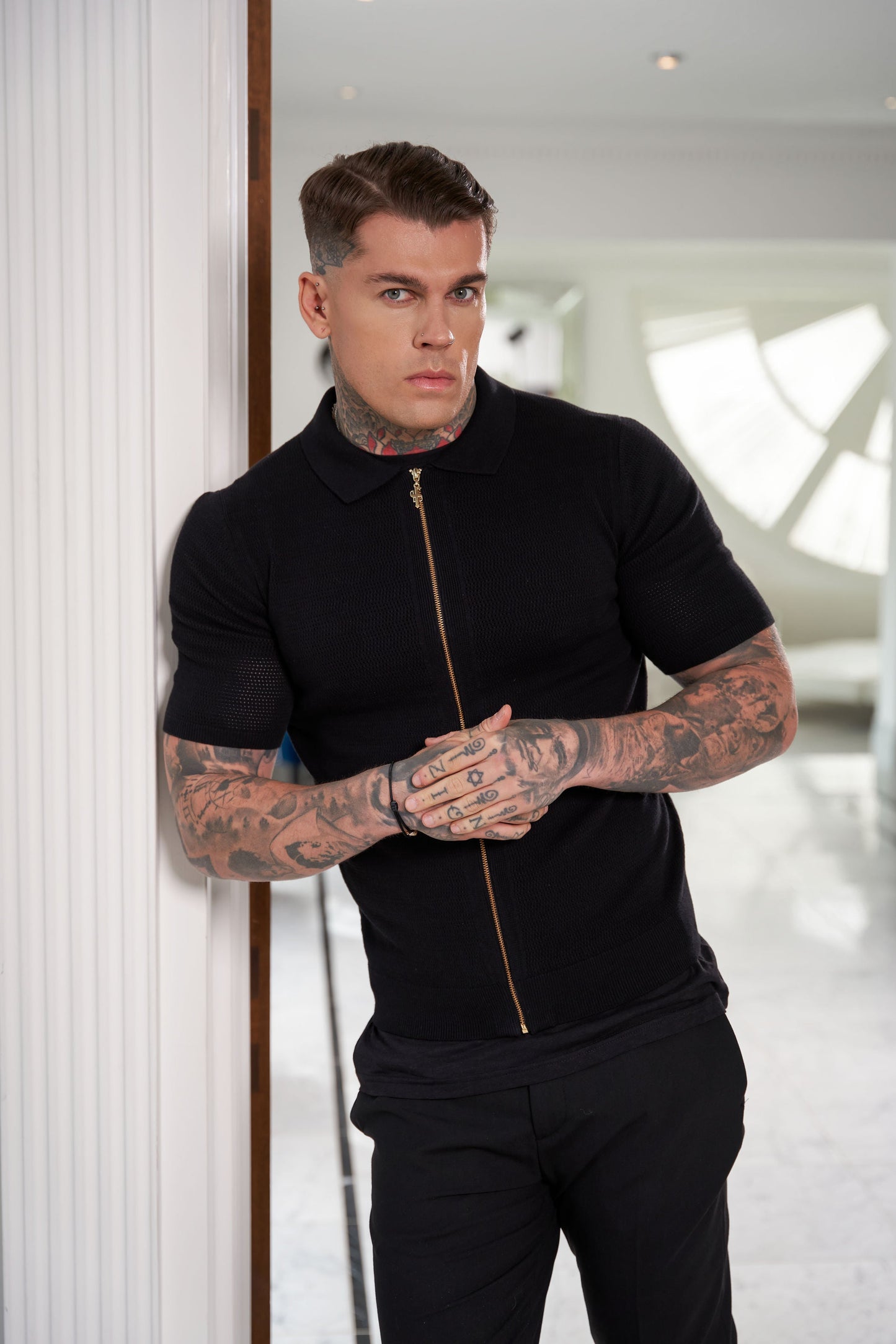 Stylish Black Short Sleeve Zip-Up Knit Sweater with Classic Textured Design - Father Sons Collection - FSN151