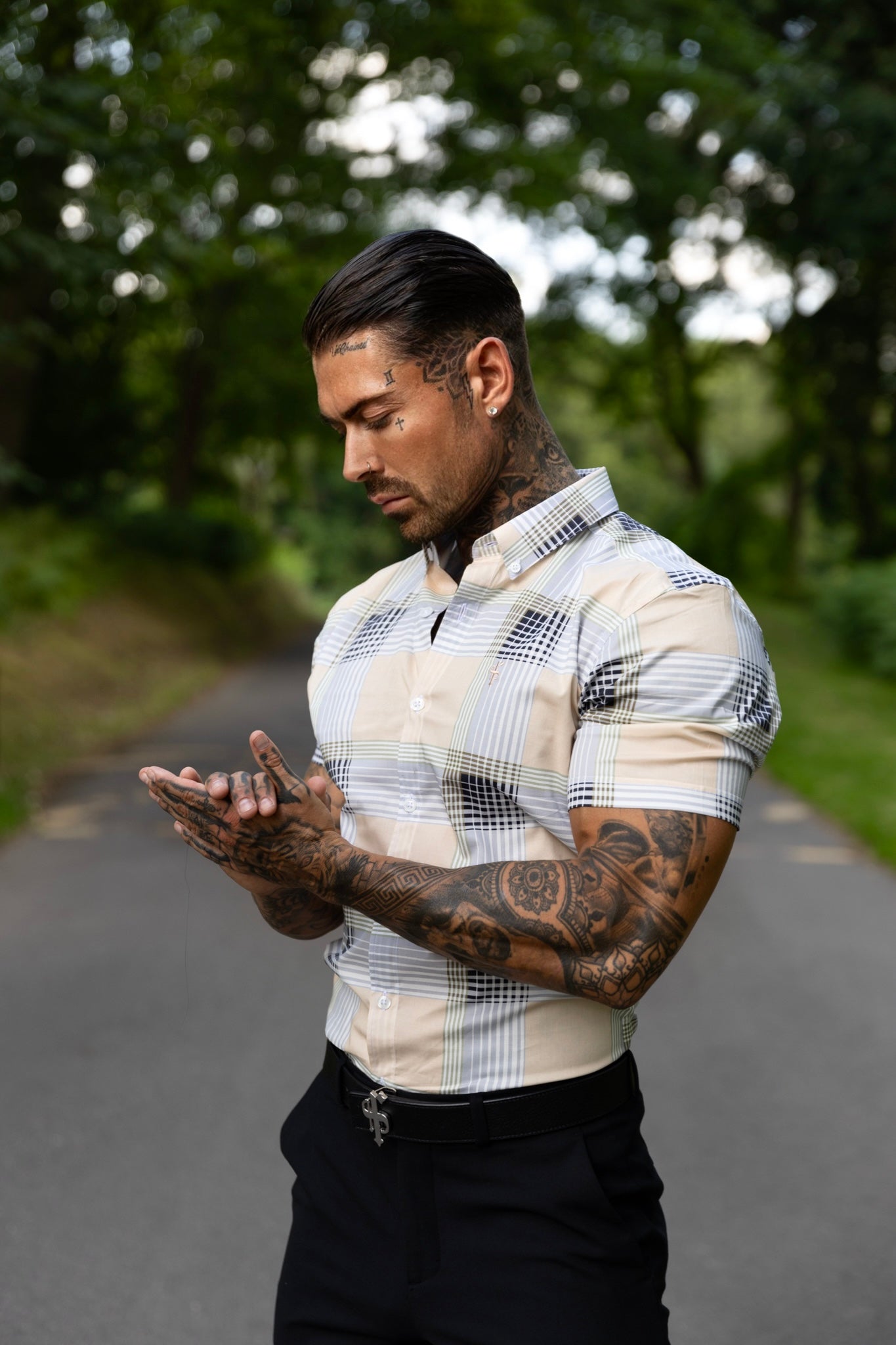 Father Sons Stylish Super Slim Fit Stretch Peach & Grey Check Short Sleeve Shirt with Button Down Collar - FS900