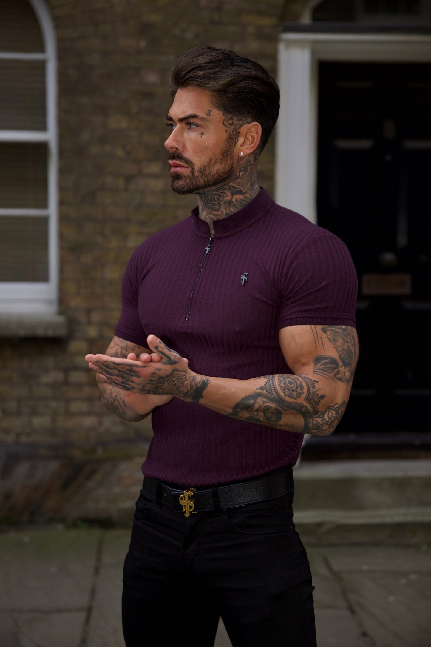 Elevate Your Style with the Father Sons Classic Plum & Black Ribbed Zip Grandad Collar Short Sleeve Shirt - FSH918