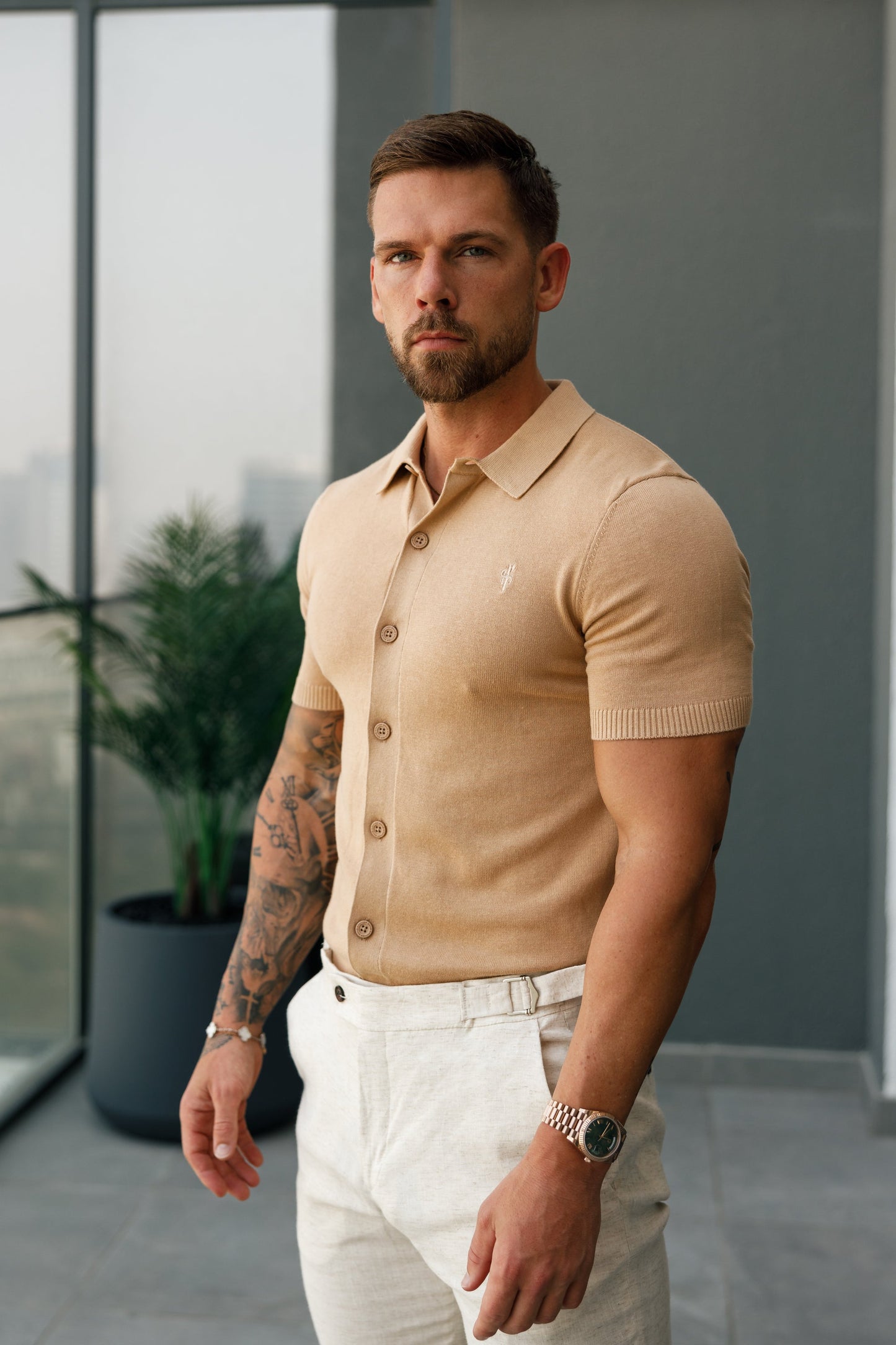 Elevate Your Style with the Father Sons Classic Coffee Knit Polo - Short Sleeve Button-Up - FSN163