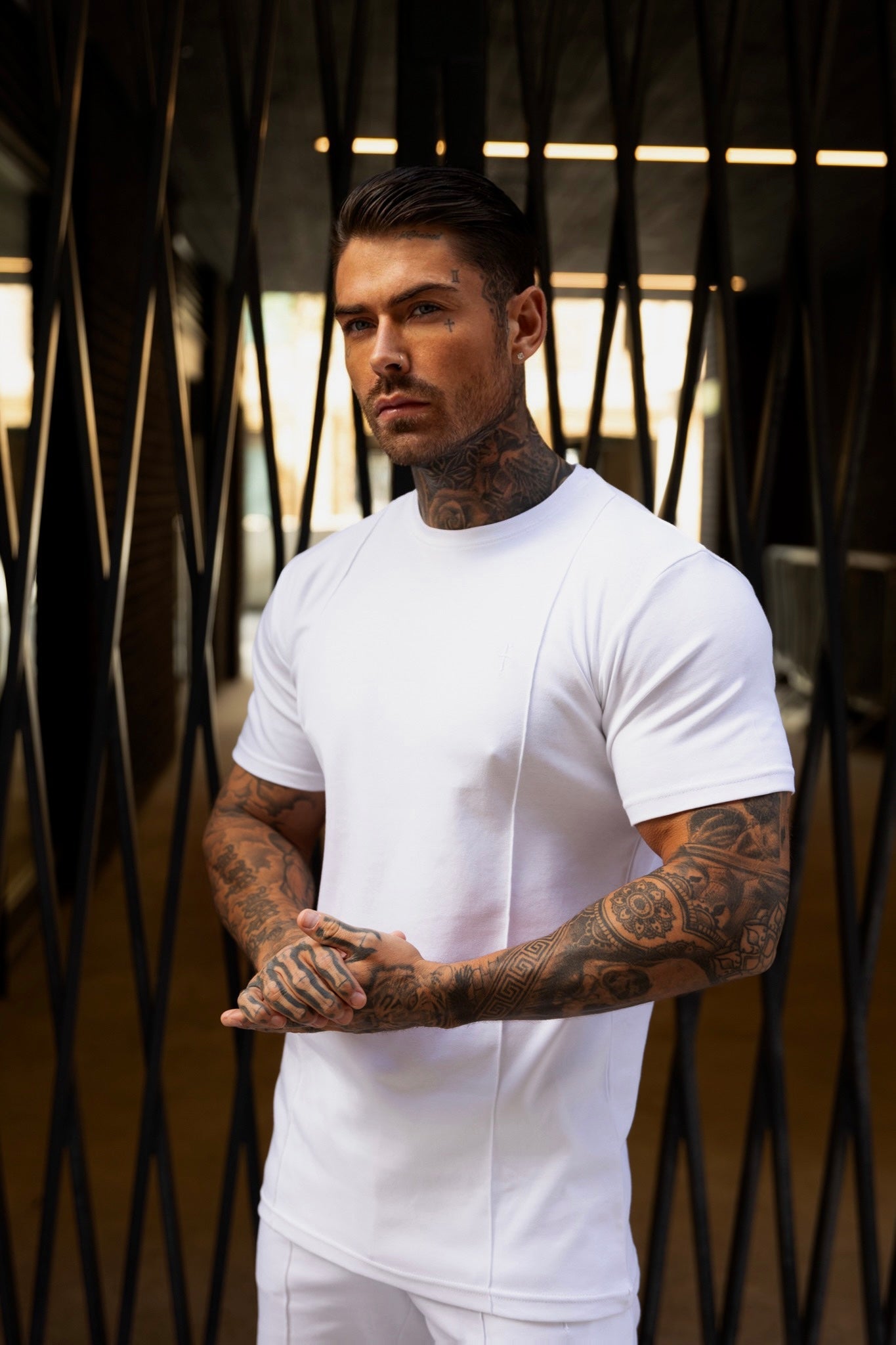 Elevate Your Wardrobe with the Father Sons White Crew Neck T-Shirt Featuring Elegant Pintuck Accents - FSH1047