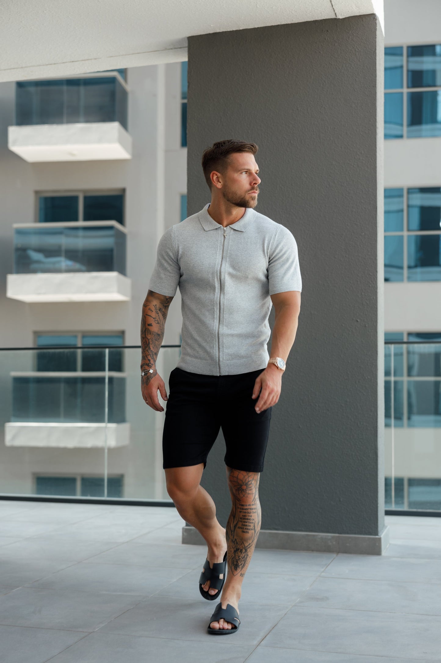 Elevate Your Wardrobe: Father Sons Light Grey Short Sleeve Knit Zip-Up with Chic Textured Design - FSN154