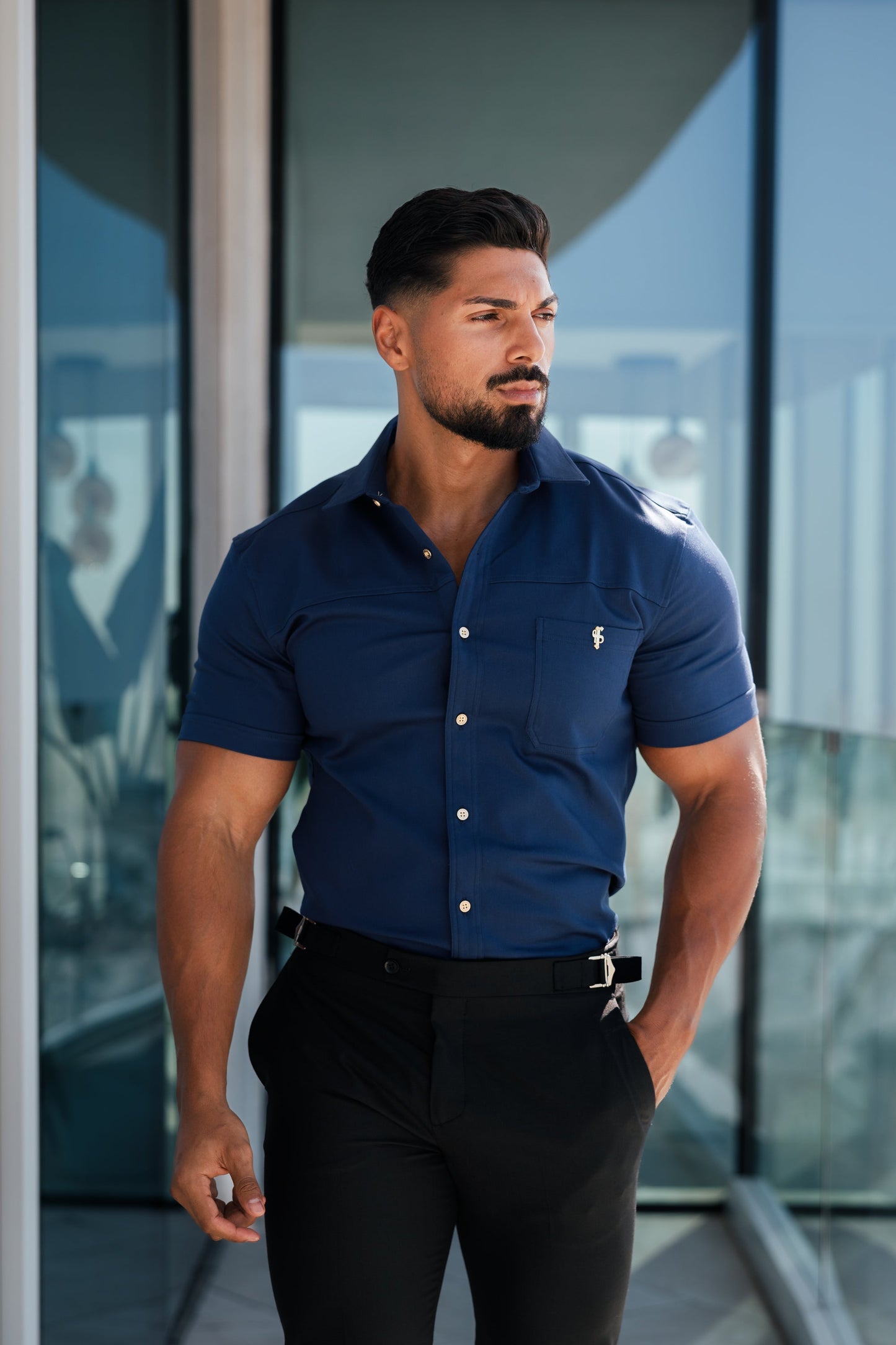 Father Sons Ultra-Sleek Navy Denim Short Sleeve Shirt with Stylish Horizontal Seam and Pocket - FS959
