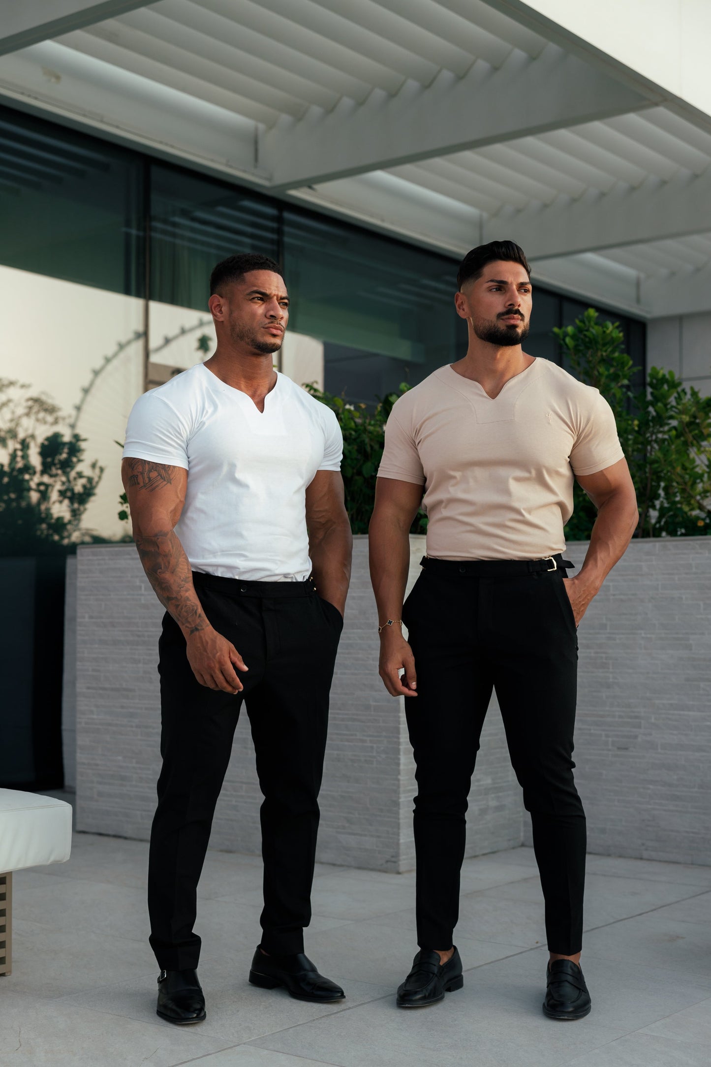 Sleek Beige V-Neck Crew Short Sleeve Tee for Men - Father Sons FS-H1016