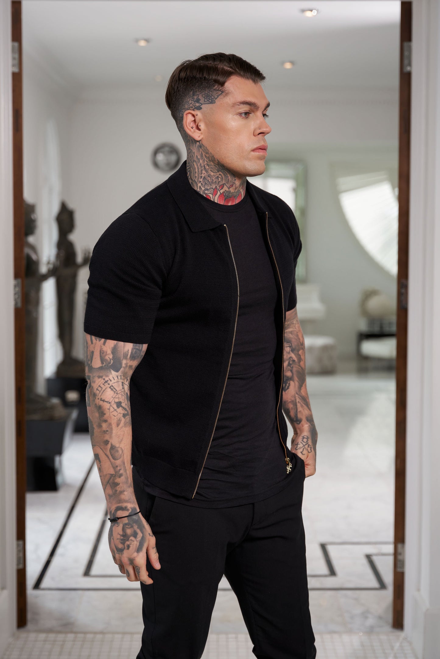 Stylish Black Short Sleeve Zip-Up Knit Sweater with Classic Textured Design - Father Sons Collection - FSN151