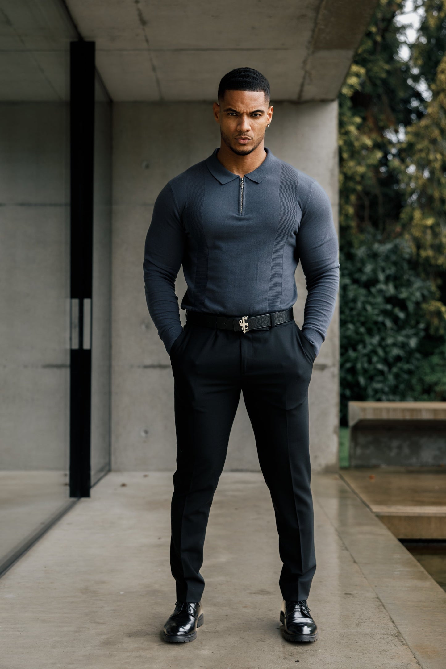 Elevate Your Wardrobe with the Father Sons Gunmetal & Silver Long Sleeve Knitted Polo Shirt - FSN128