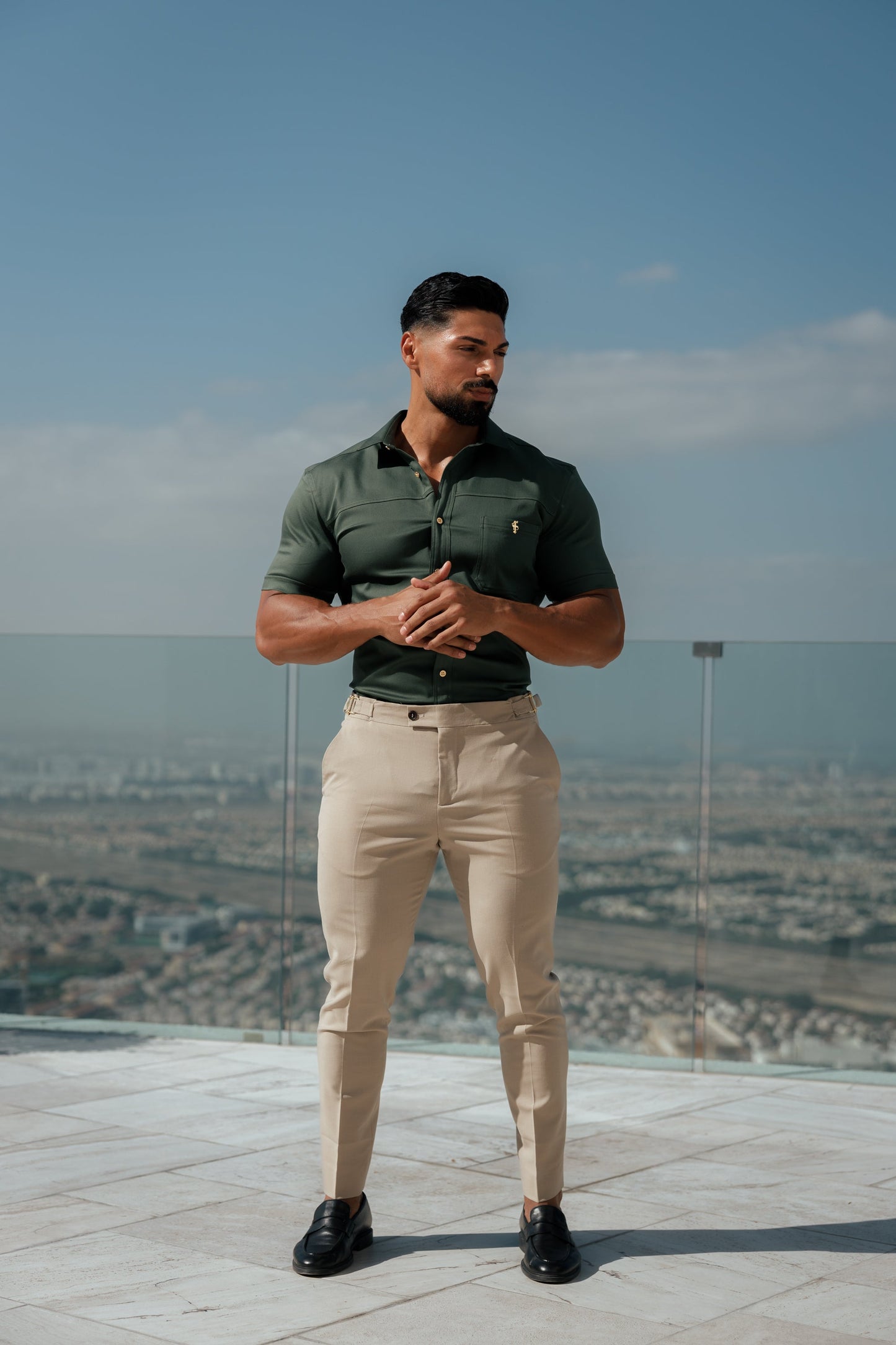 Elevate Your Style: Father Sons Super Slim Stretch Khaki Denim Short Sleeve Shirt with Trendy Horizontal Seam and Pocket - FS958