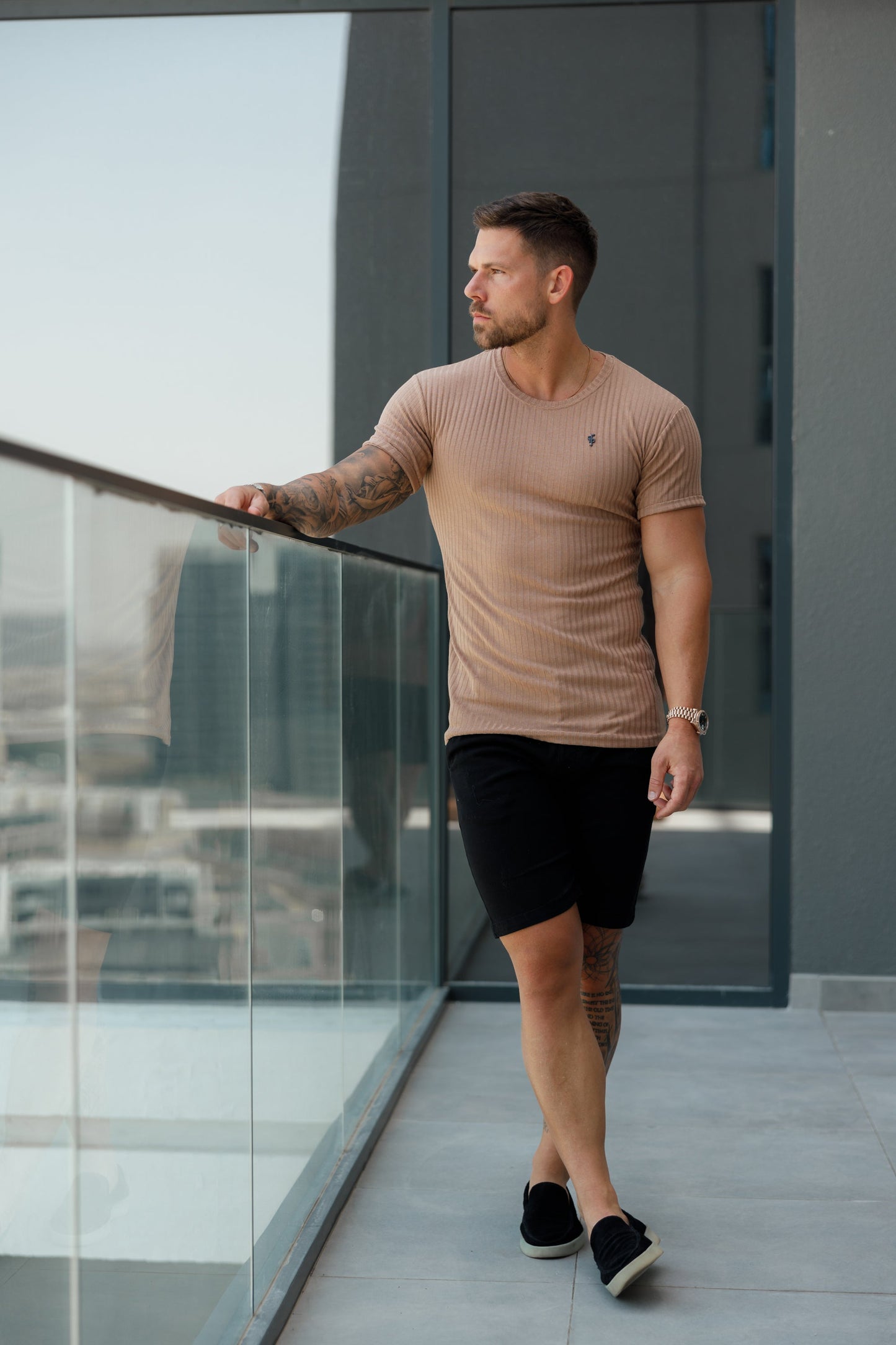 Elevate Your Wardrobe with Father Sons Classic Black Ribbed Knit Super Slim Short Sleeve Crew Tee - FSH1090