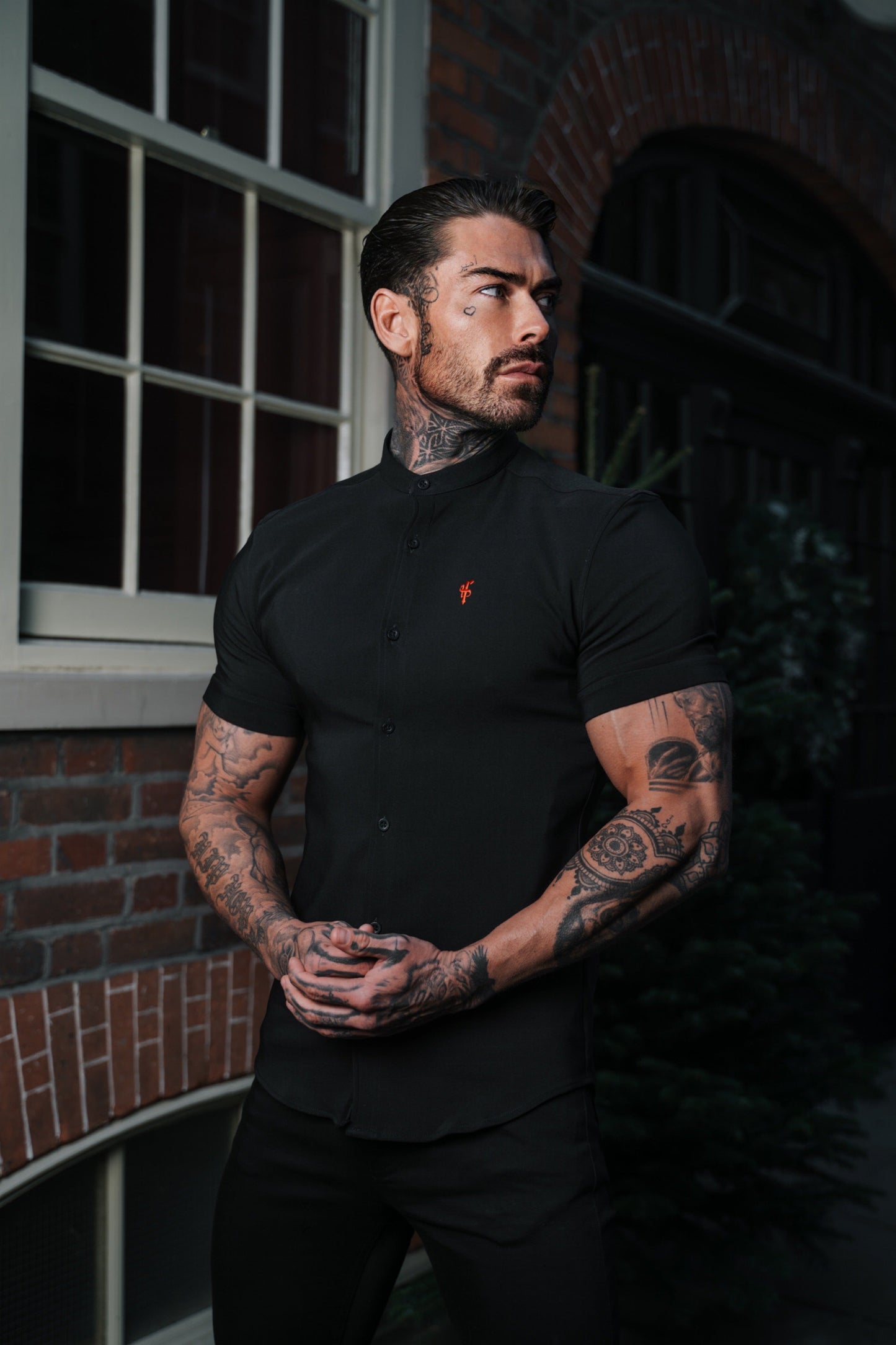 Elevate Your Style with Father Sons Super Slim Fit Black Scuba Short Sleeve Stretch Shirt Featuring a Trendy Grandad Collar - FS930