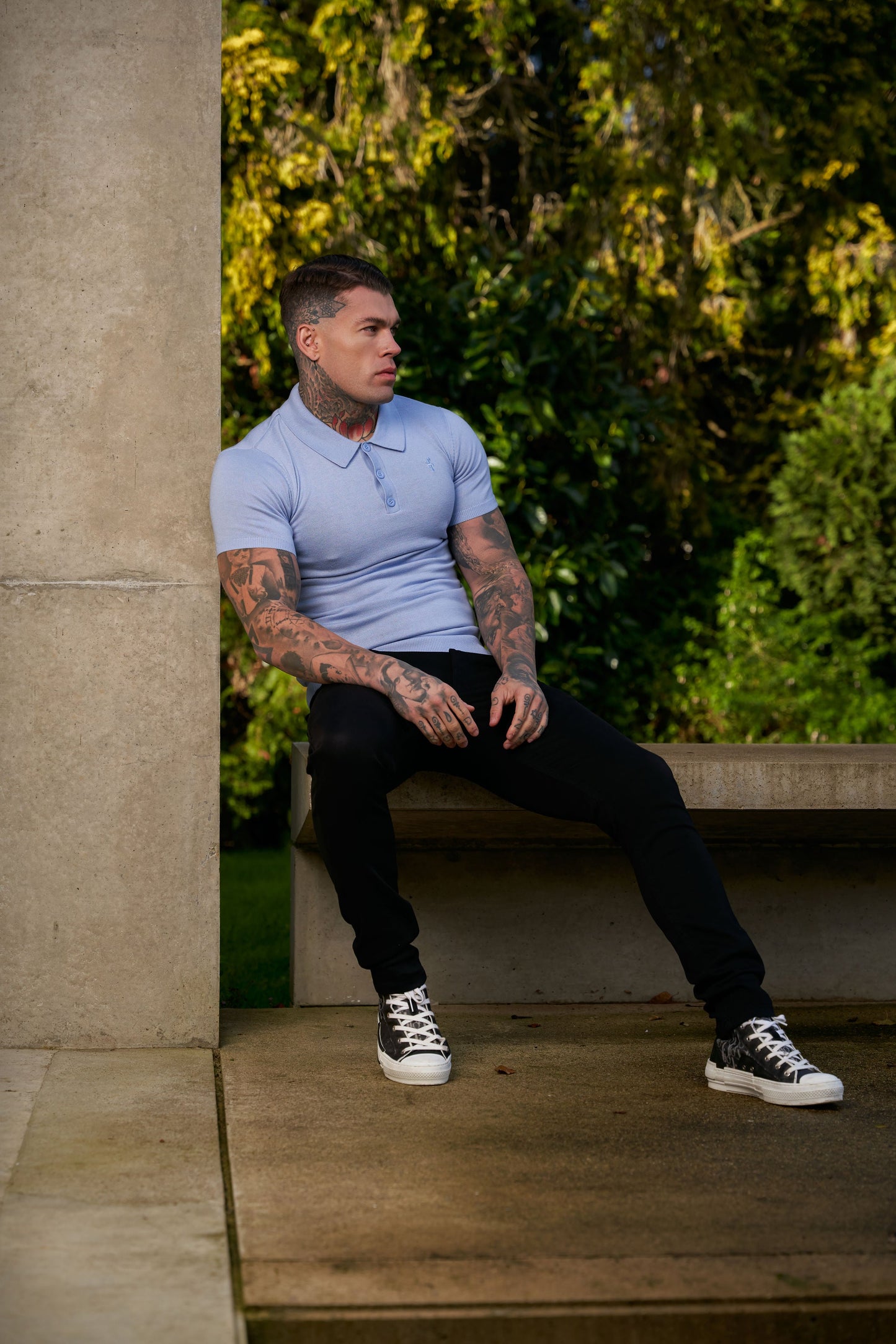 Elevate Your Wardrobe with the Father Sons Classic Pale Blue Short Sleeve Knitted Polo Jumper Featuring Elegant Tonal FS Embroidery - FSN146