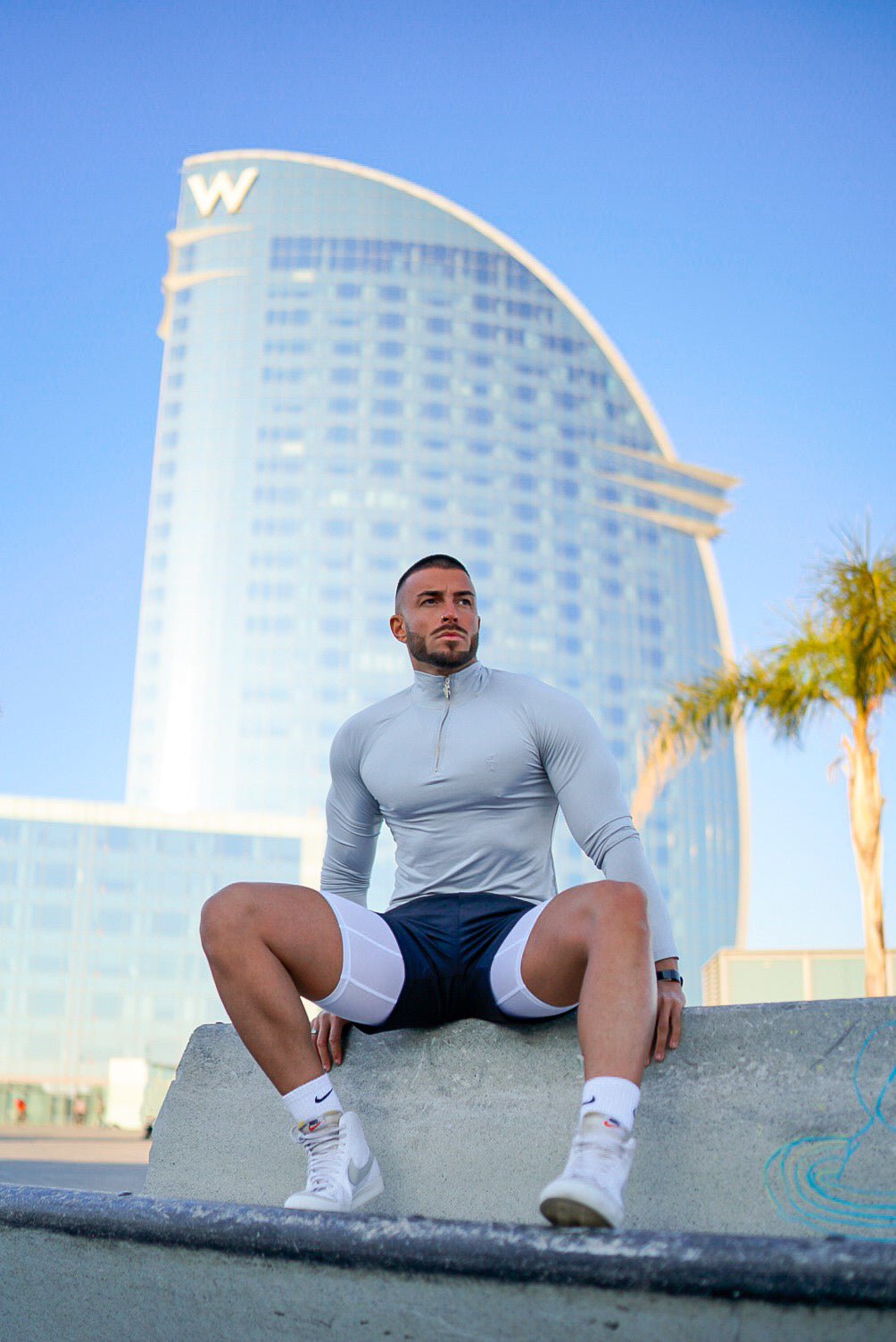 Elevate Your Workout with the Father Sons Light Grey/Silver Half Zip Long Sleeve Gym Top - FSH890