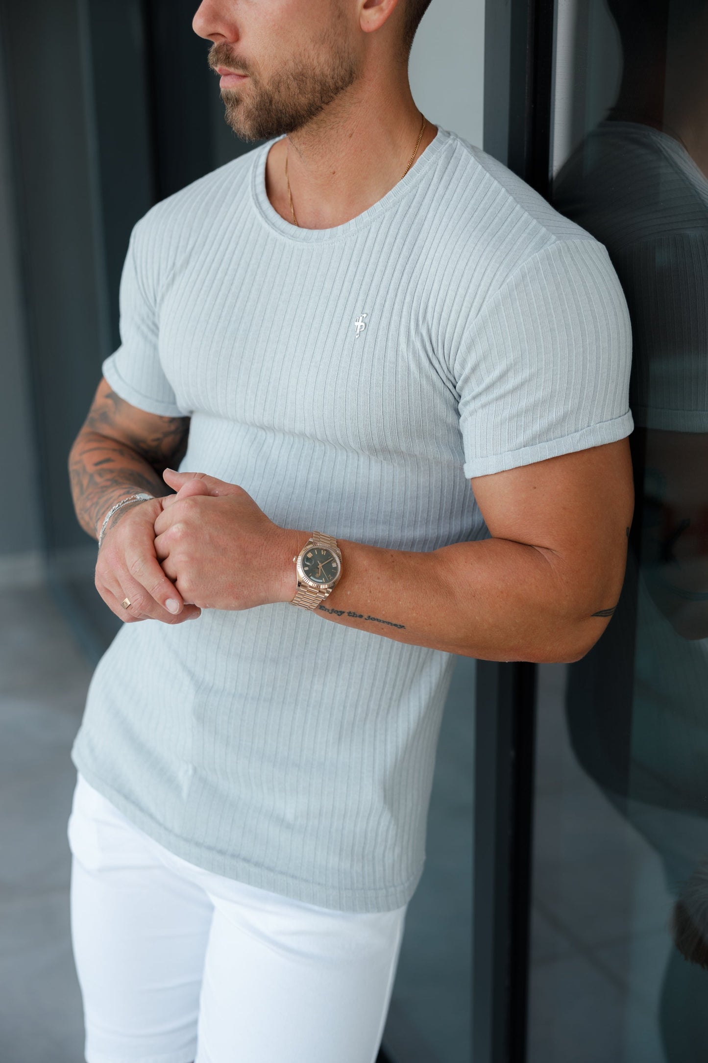 Elevate Your Wardrobe with the Father Sons Light Grey Ribbed Knit Super Slim Short Sleeve Crew - FSH1085