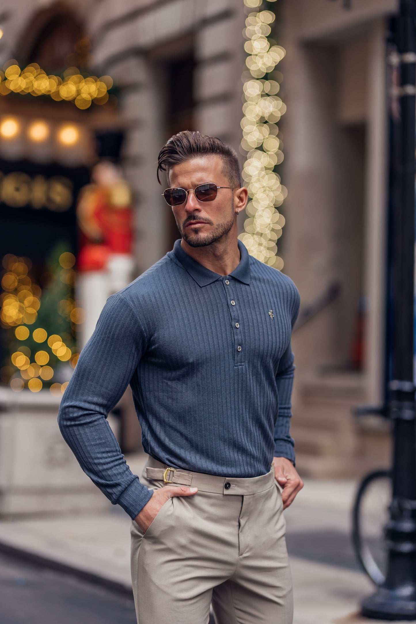 Elevate Your Style: Classic Charcoal Long Sleeve Ribbed Polo Shirt with Silver Accents by Father Sons - FSH971