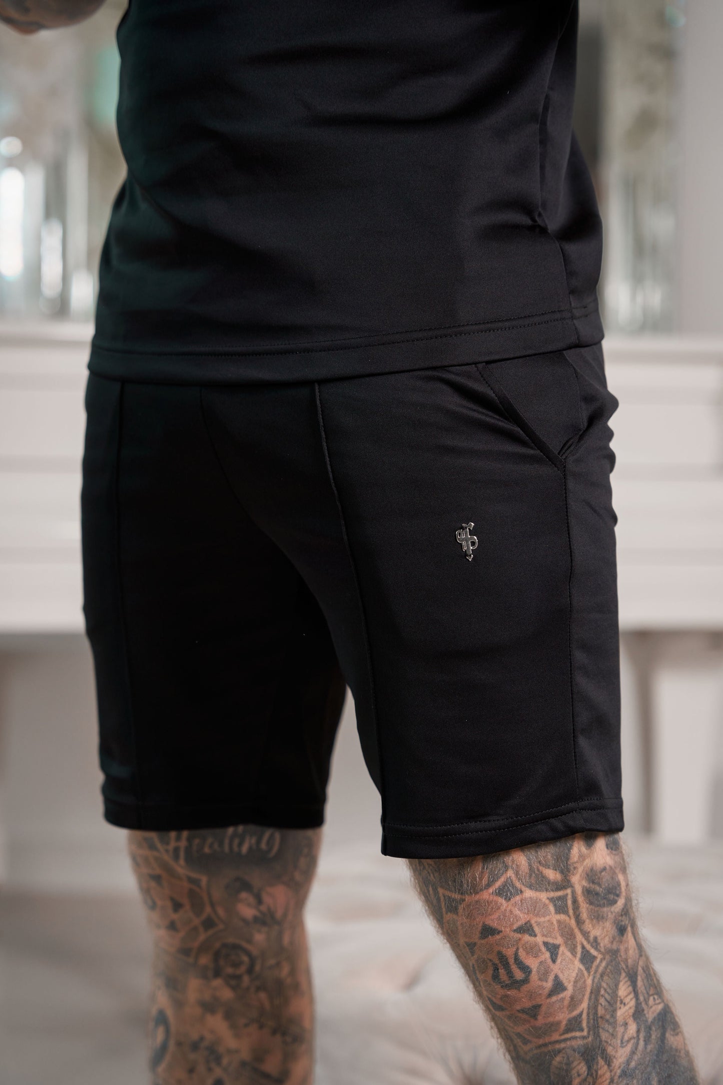 Premium Black & Silver Elastic Drawstring Pintuck Shorts by Father Sons - FSH1039