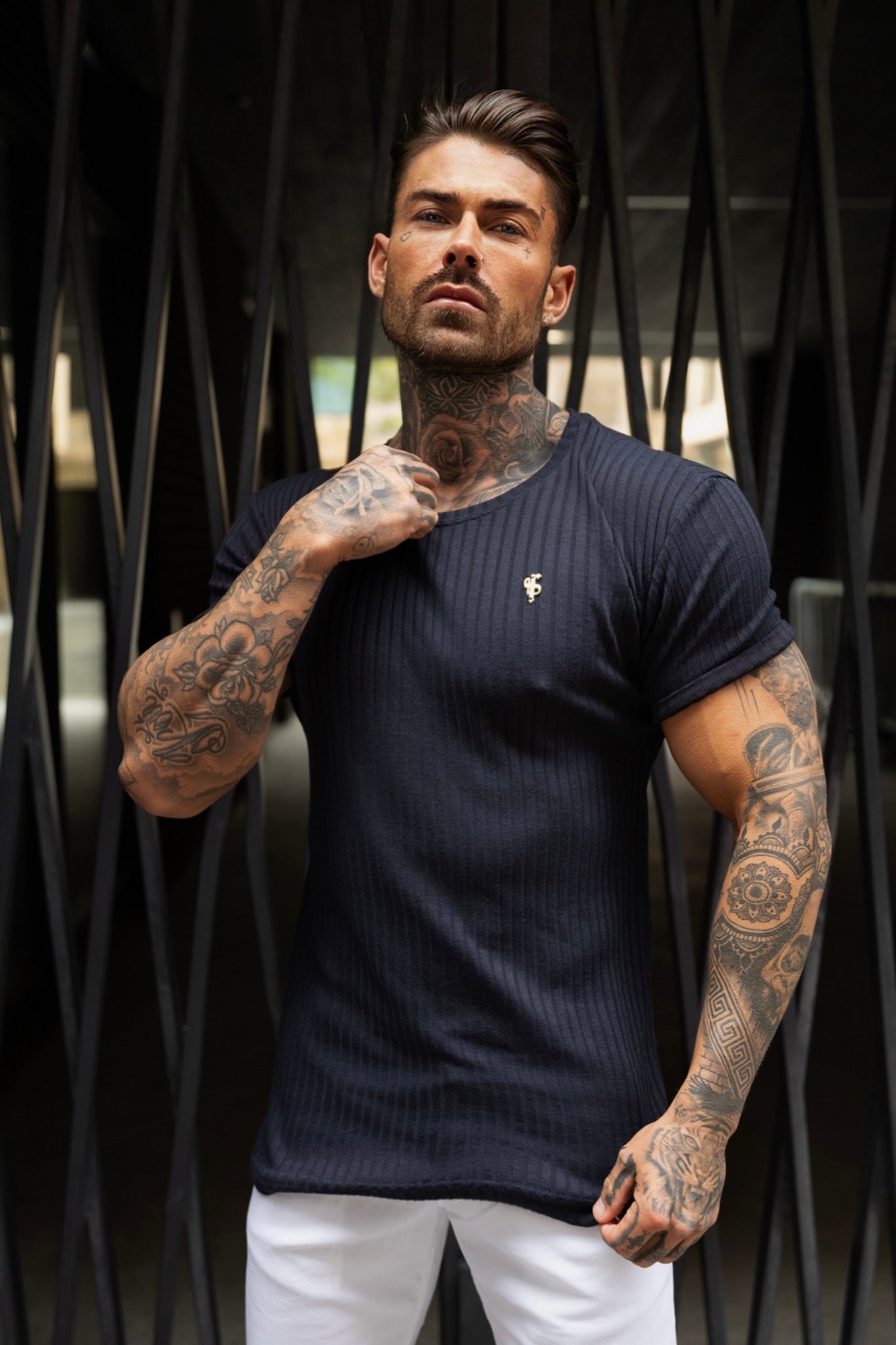 Classic Navy & Gold Ribbed Knit Super Slim Fit Short Sleeve Crew for Men - Perfect for Any Occasion!