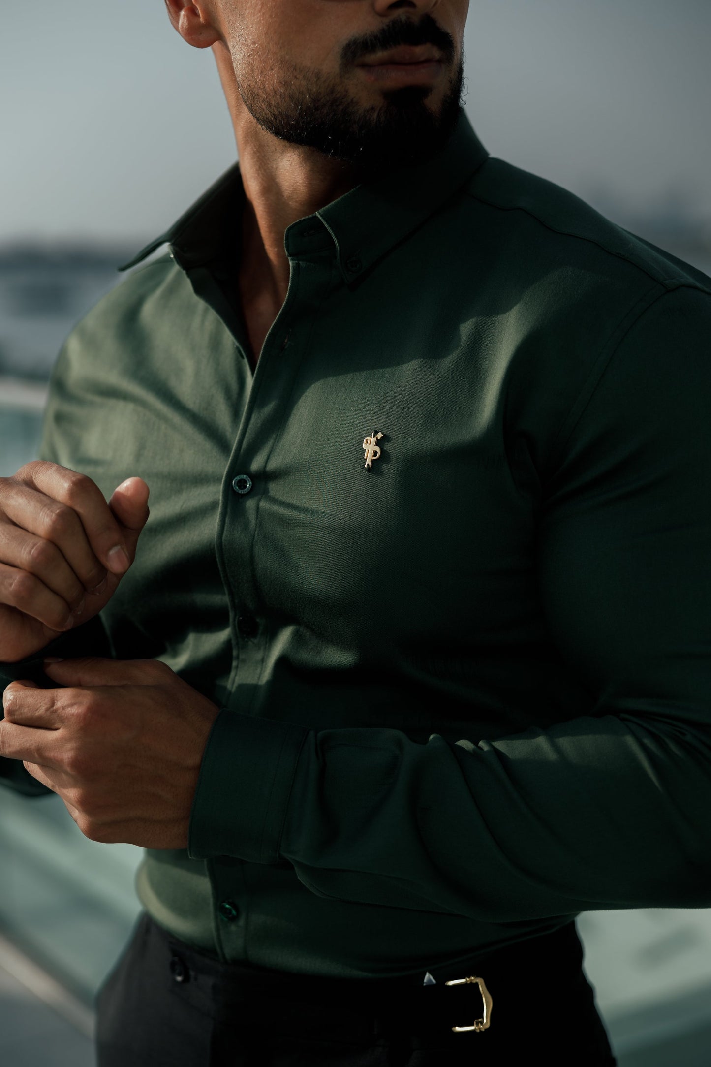 Elevate Your Style with Father Sons Super Slim Stretch Khaki Denim Long Sleeve Shirt Featuring Gold Metal Accent and Button Down Collar - FS1044