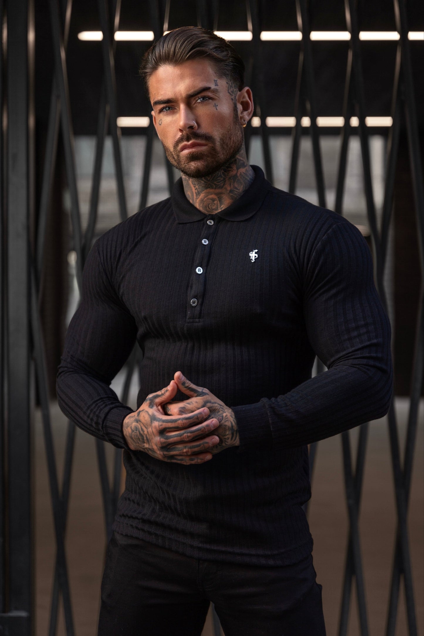 Elevate Your Style with the Father Sons Classic Long Sleeve Black Ribbed Polo Shirt Featuring a Chic Silver Decal - FSH967