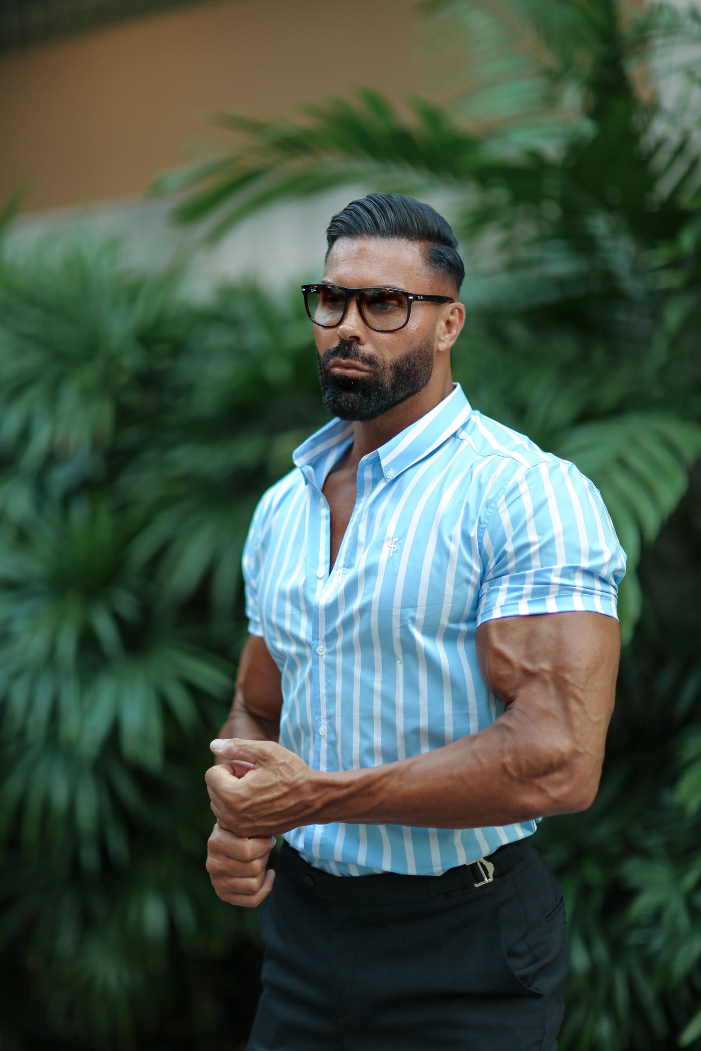 Father Sons Classic Light Blue & White Woven Stripe Short Sleeve Deckchair Shirt - FS976