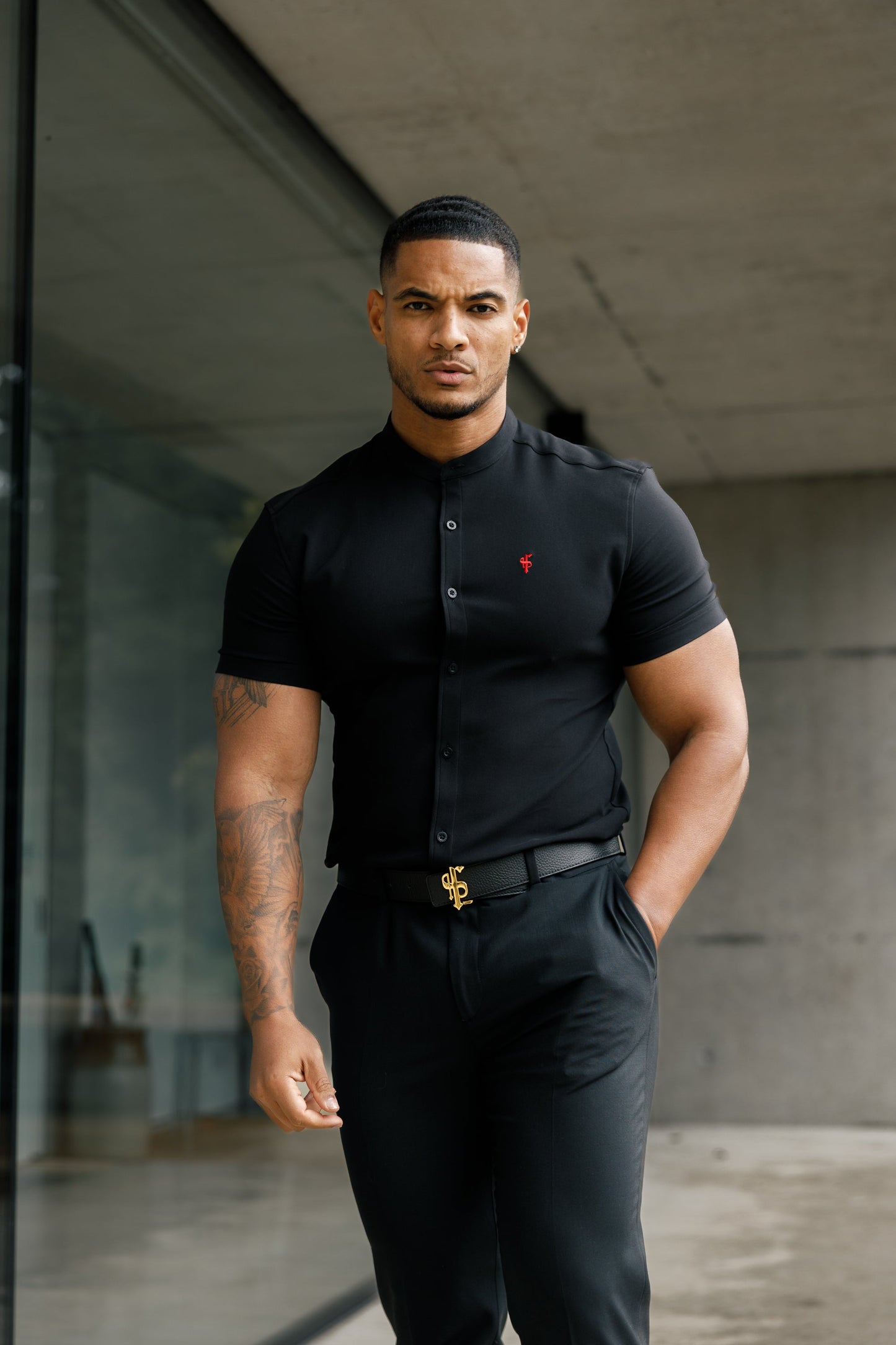 Elevate Your Style with Father Sons Super Slim Fit Black Scuba Short Sleeve Stretch Shirt Featuring a Trendy Grandad Collar - FS930
