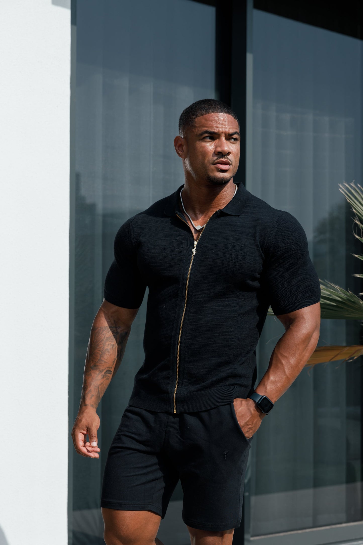 Stylish Black Short Sleeve Zip-Up Knit Sweater with Classic Textured Design - Father Sons Collection - FSN151