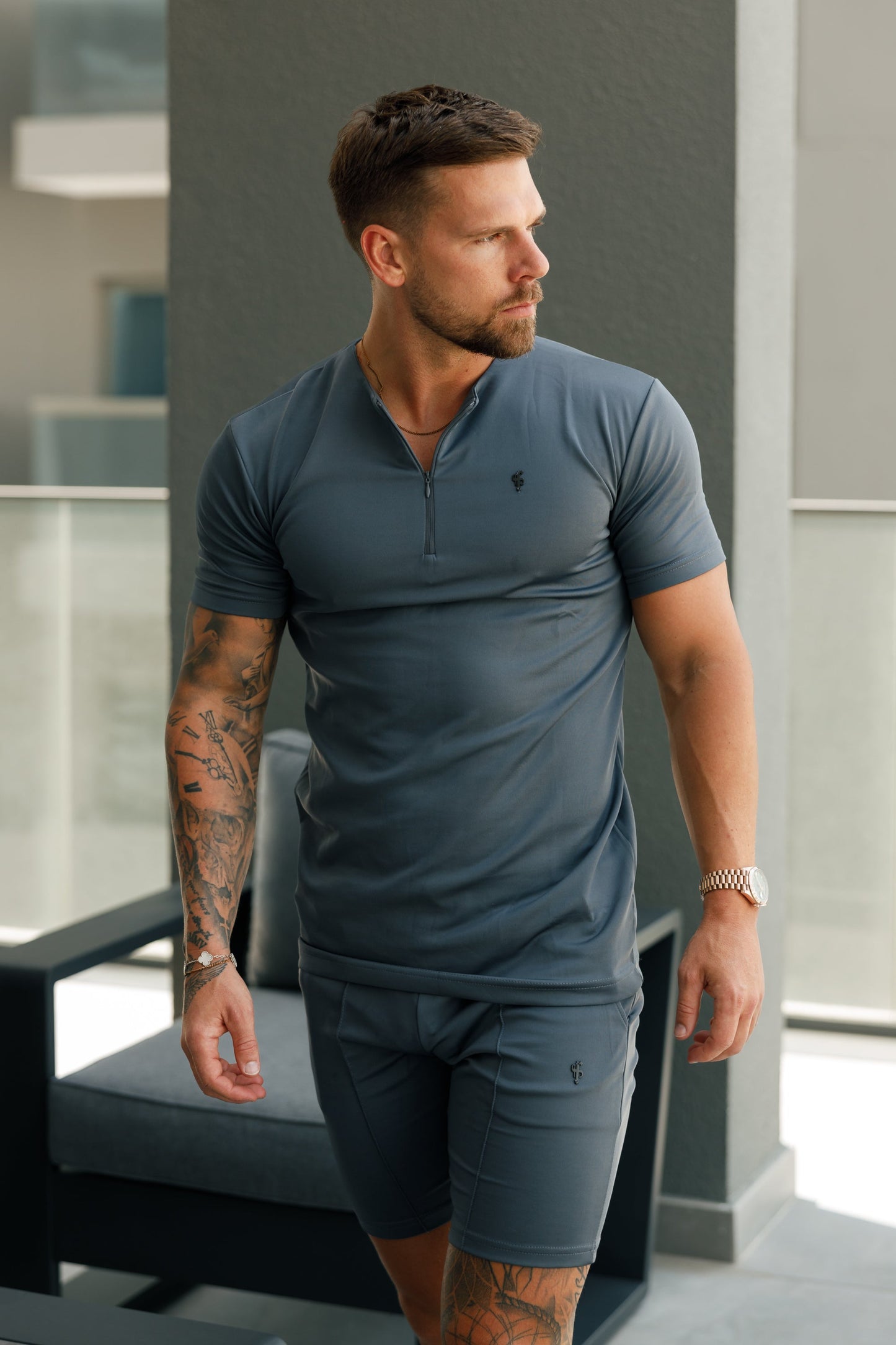 Stylish Charcoal Black Crew T-Shirt with Zip Detail for Men - Father Sons FSH1109