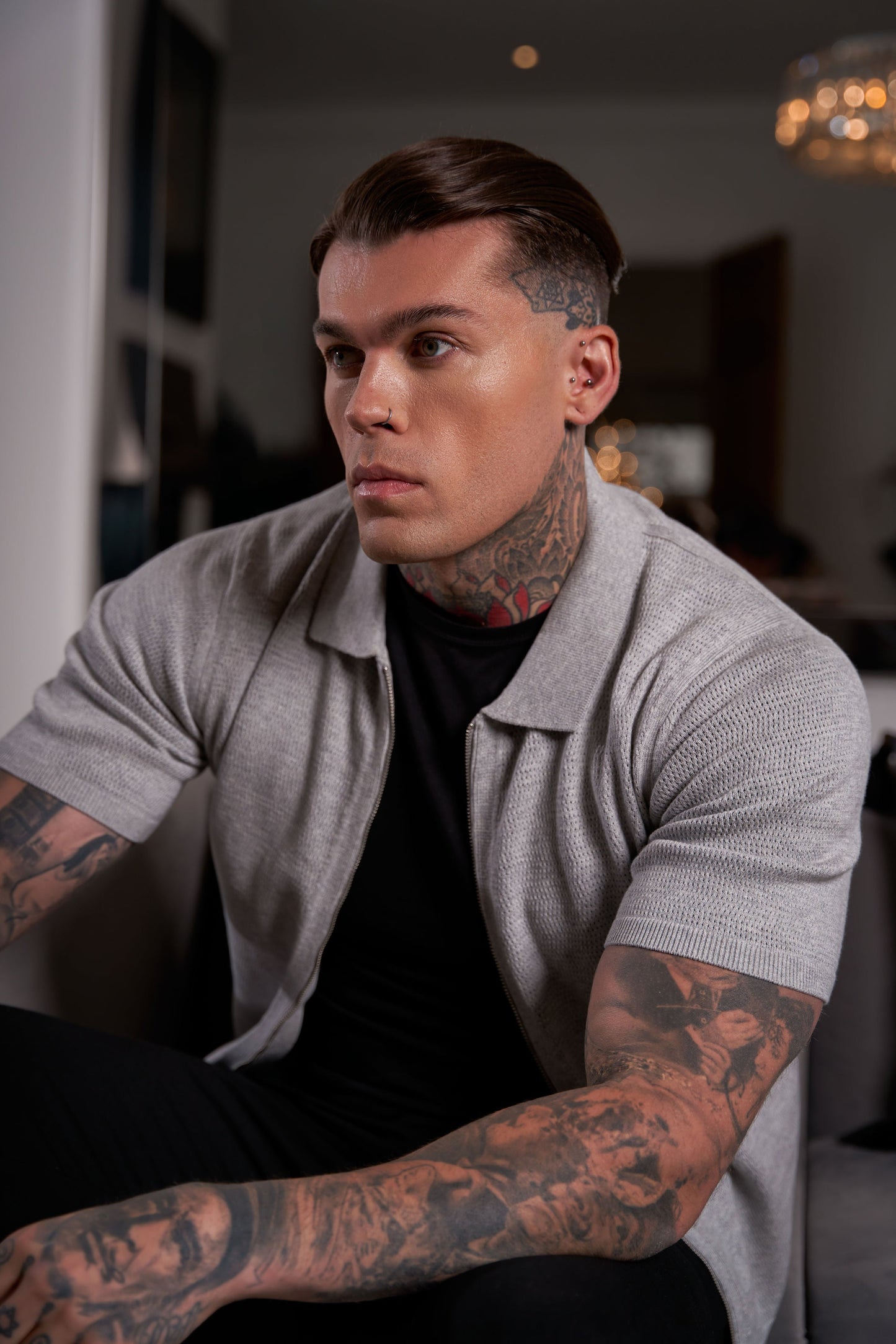 Elevate Your Wardrobe: Father Sons Light Grey Short Sleeve Knit Zip-Up with Chic Textured Design - FSN154