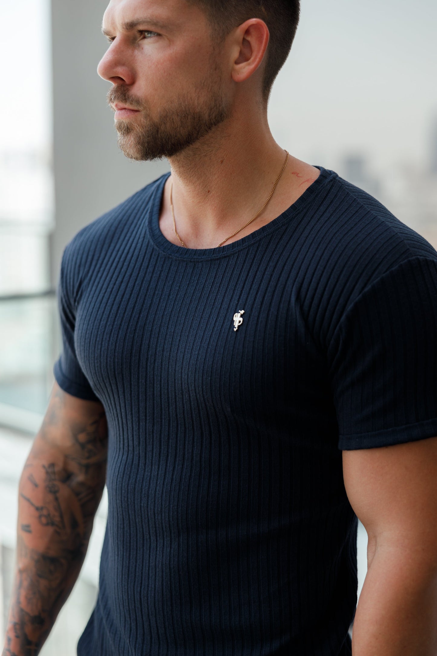 Classic Navy & Gold Ribbed Knit Super Slim Fit Short Sleeve Crew for Men - Perfect for Any Occasion!