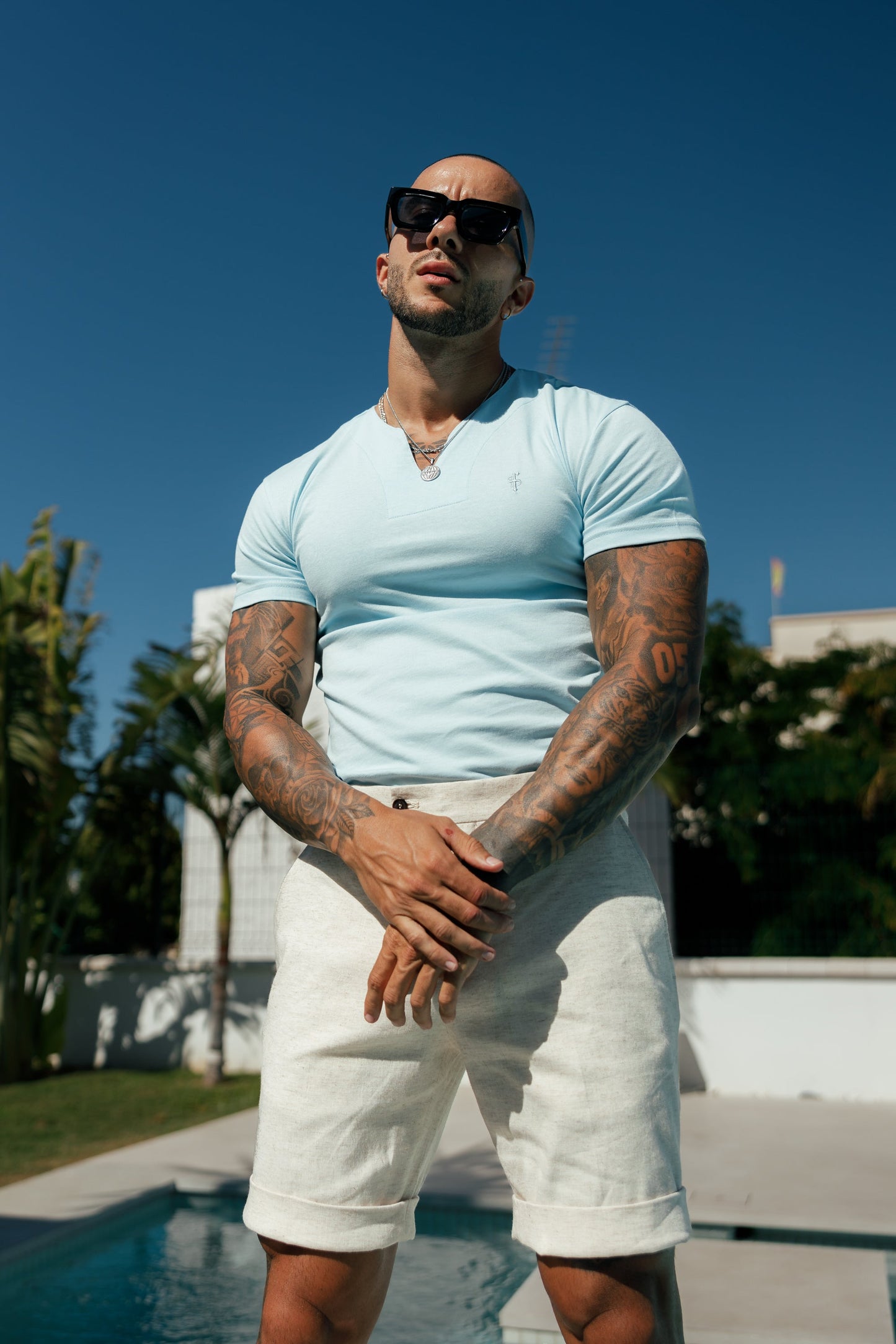 Elevate Your Style: Father Sons Light Blue Advanced V Neck Crew Short Sleeve Tee - FSH1015