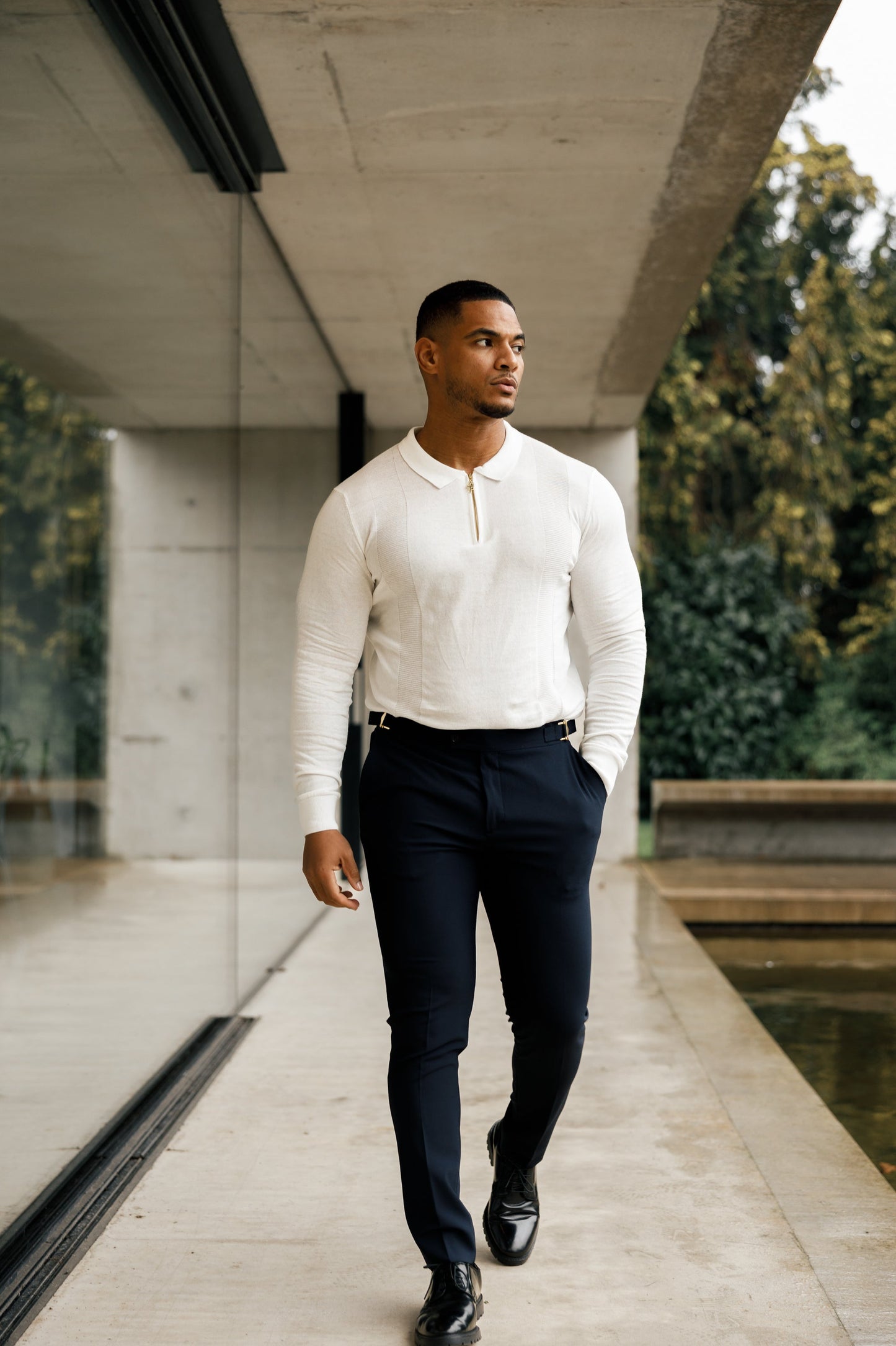 Ultimate Father Sons White and Gold Long Sleeve Zip Polo - FSN125