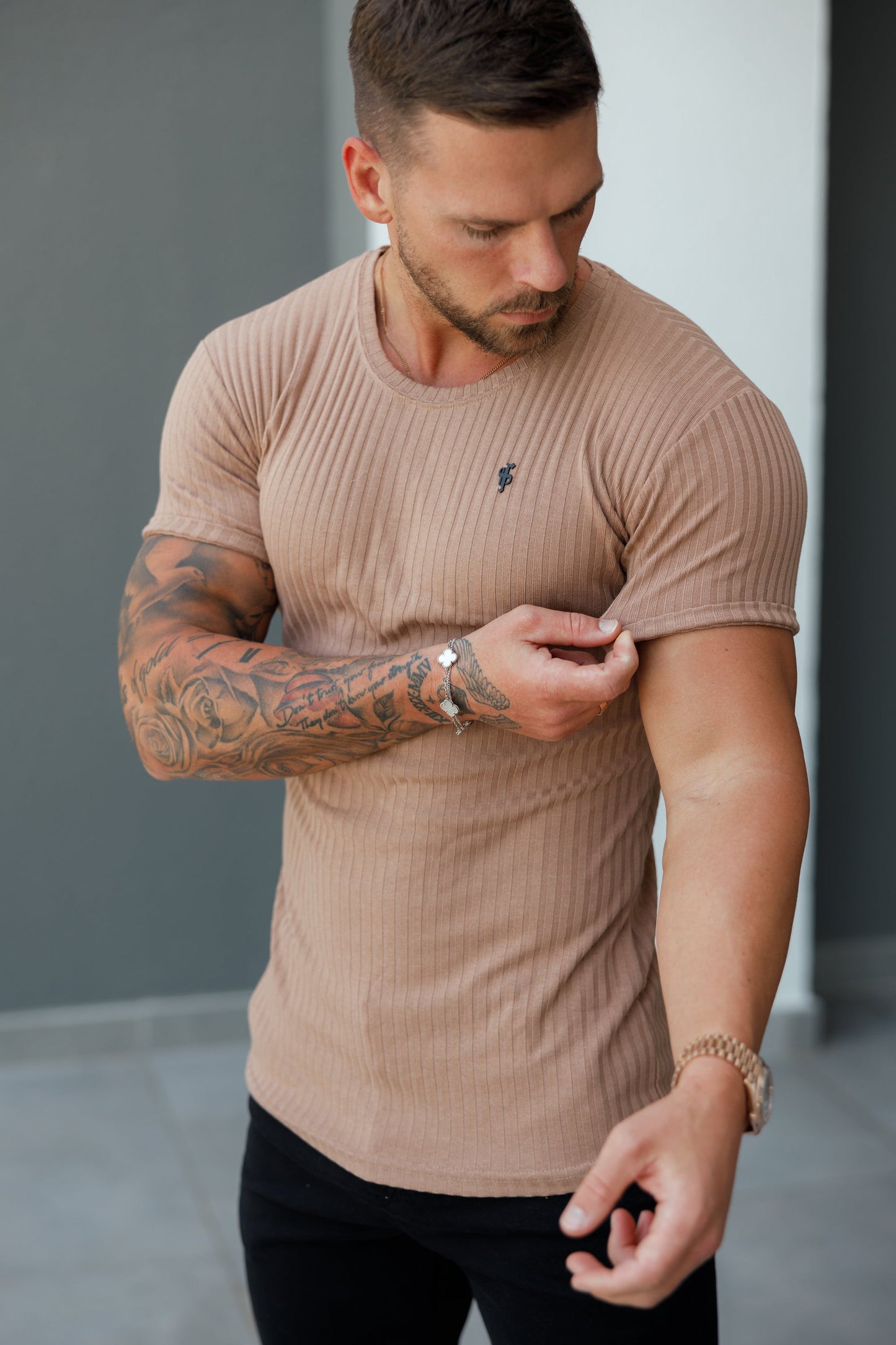 Elevate Your Wardrobe with Father Sons Classic Black Ribbed Knit Super Slim Short Sleeve Crew Tee - FSH1090
