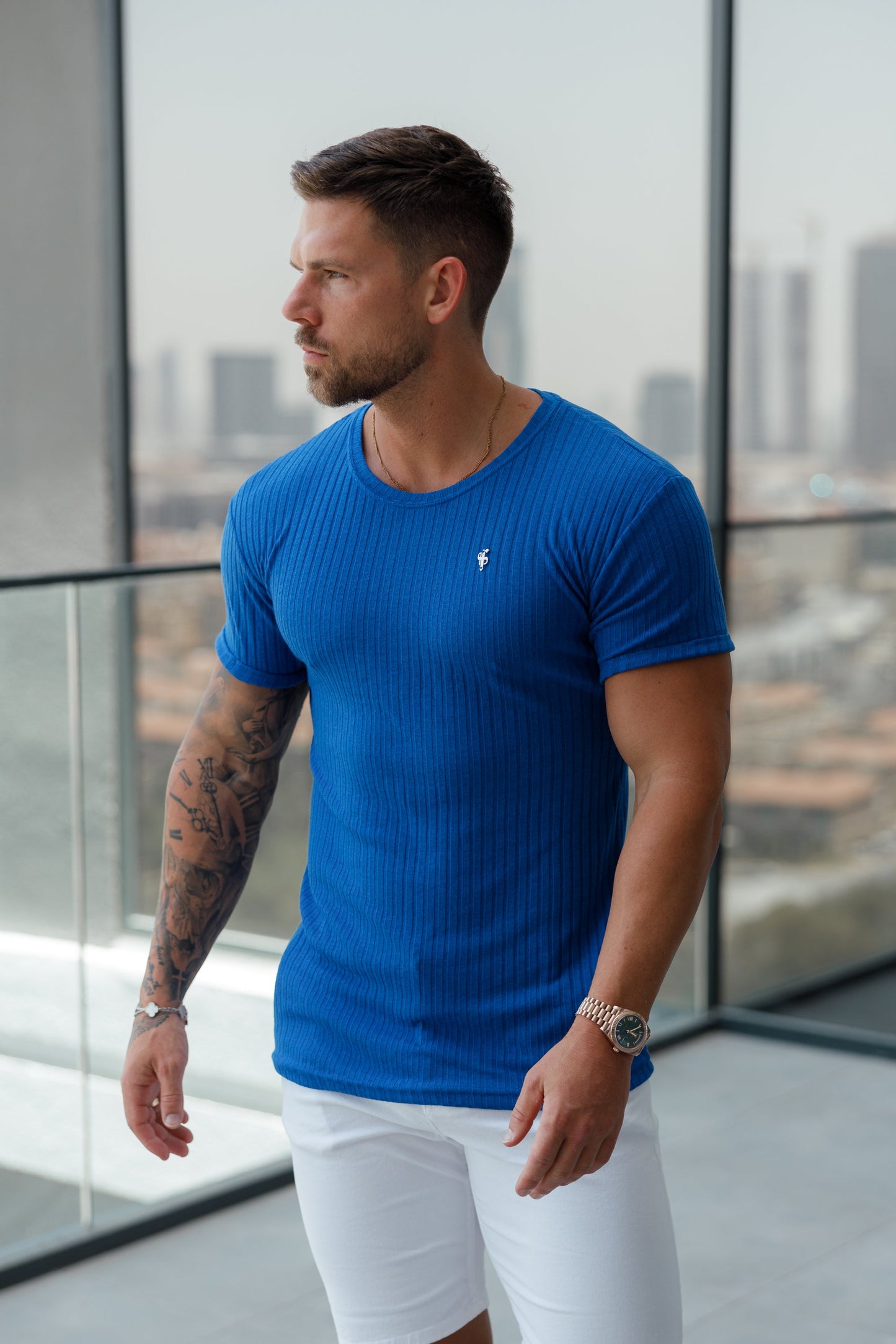 Elevate Your Style: Father Sons Royal Blue & Silver Ribbed Super Slim Fit Short Sleeve Crew - FSH1091