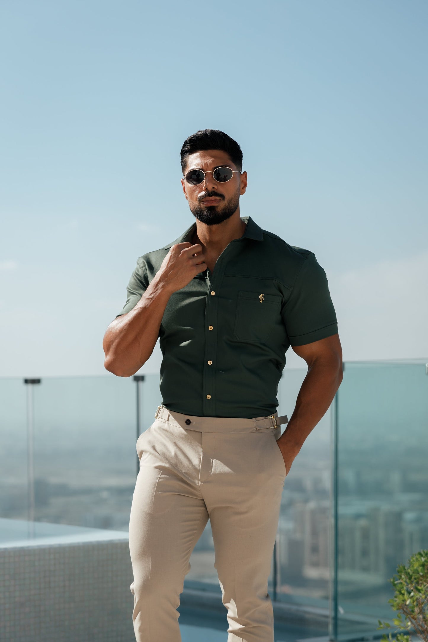 Elevate Your Style: Father Sons Super Slim Stretch Khaki Denim Short Sleeve Shirt with Trendy Horizontal Seam and Pocket - FS958