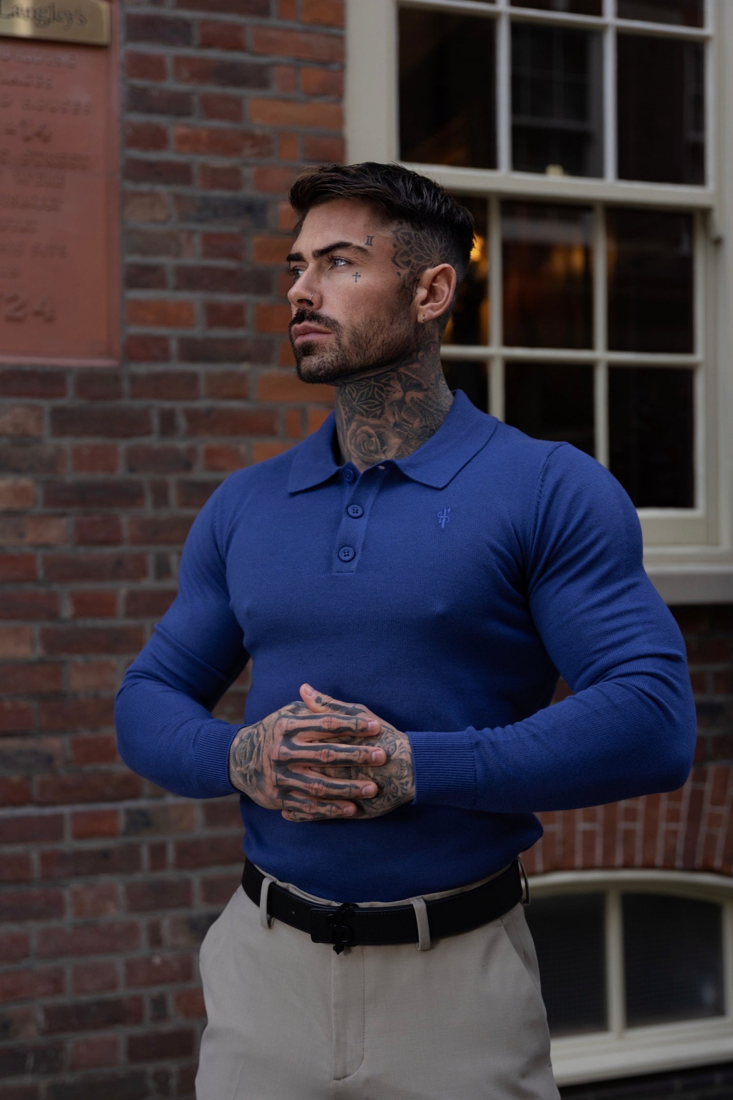 Classic Ocean Blue Knitted Long Sleeve Polo Jumper for Men with Stylish Tonal FS Embroidery - Father Sons Collection