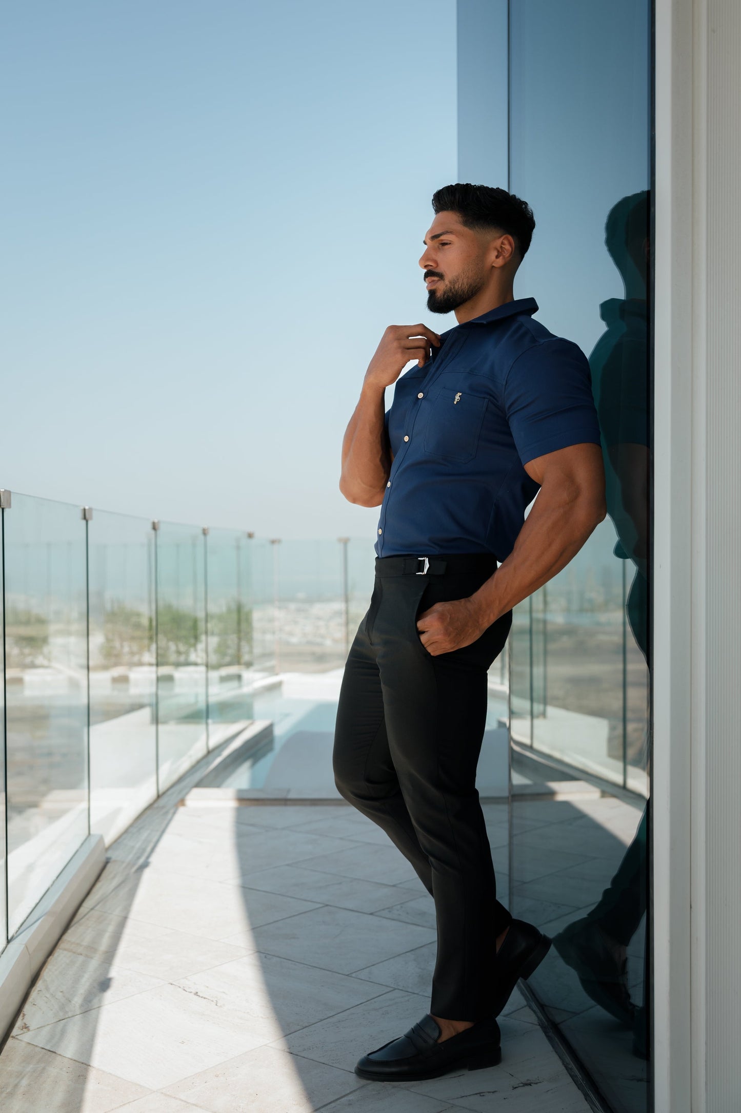 Father Sons Ultra-Sleek Navy Denim Short Sleeve Shirt with Stylish Horizontal Seam and Pocket - FS959