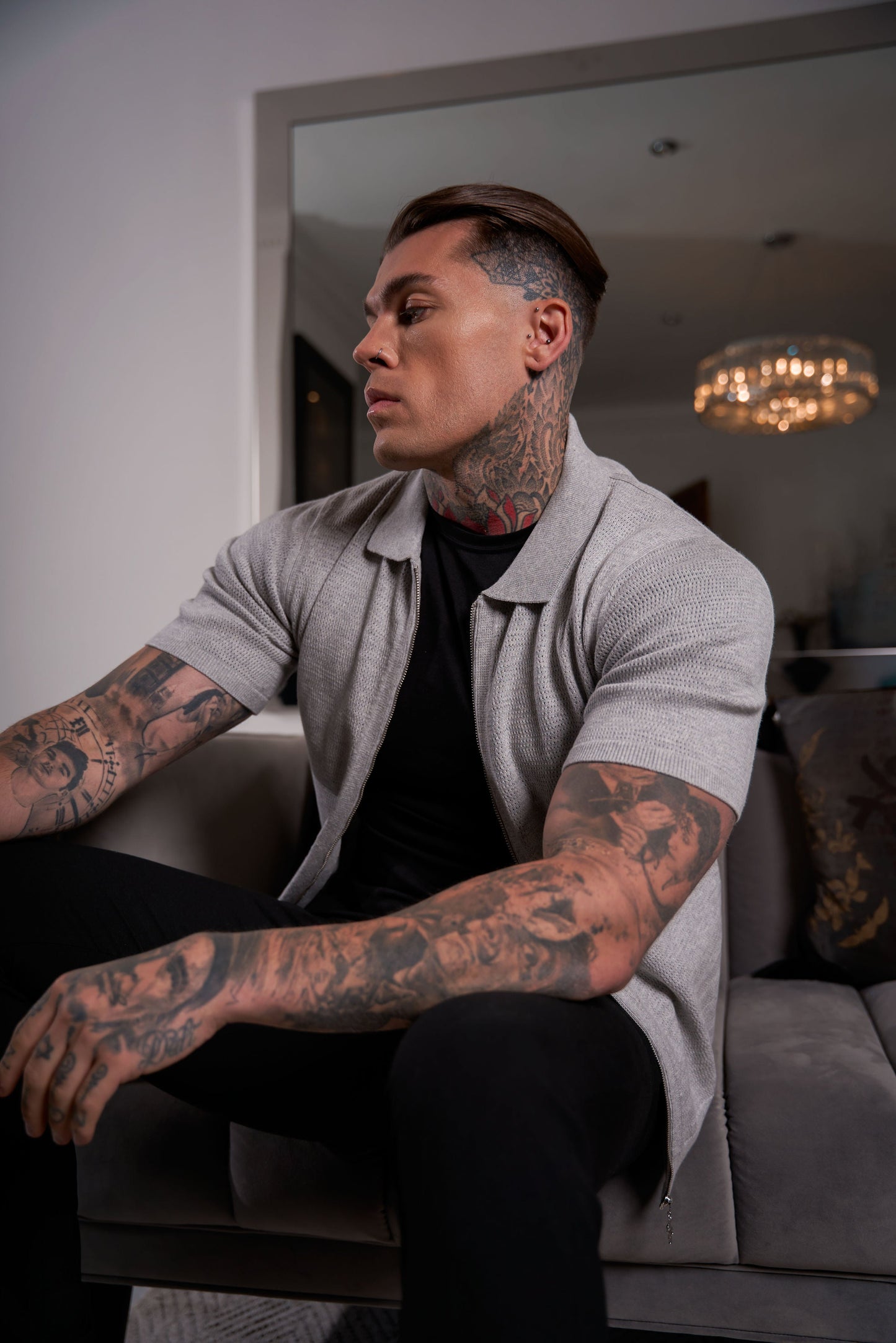 Elevate Your Wardrobe: Father Sons Light Grey Short Sleeve Knit Zip-Up with Chic Textured Design - FSN154