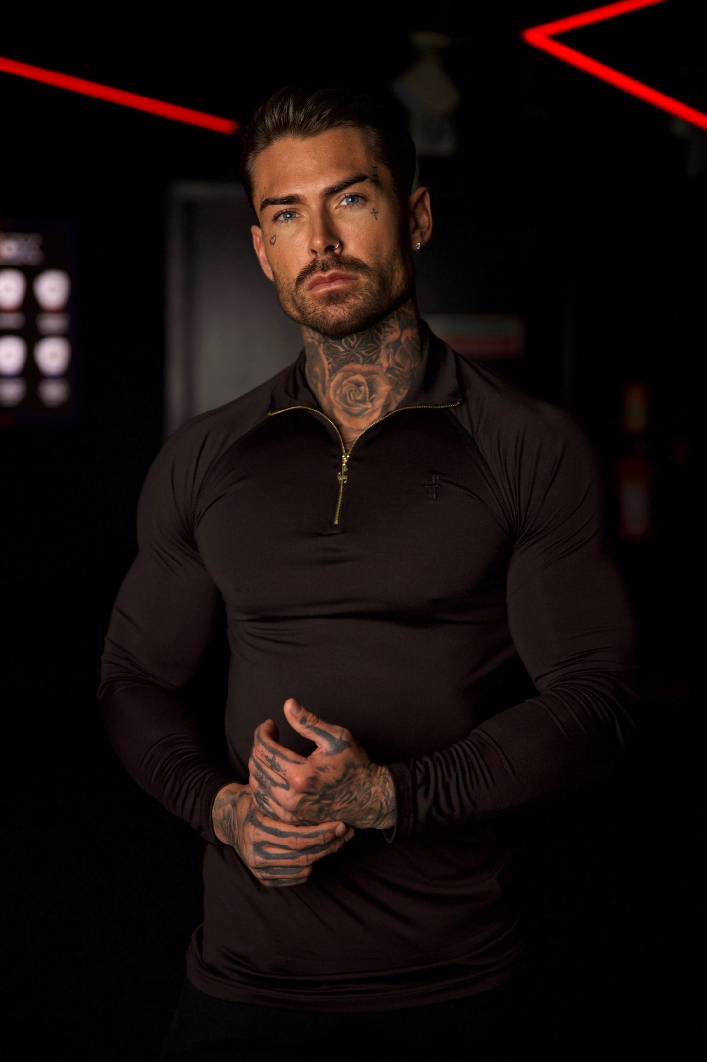 Elevate Your Workout with the Father Sons Solid Black and Gold Half Zip Long Sleeve Gym Top - FSH887