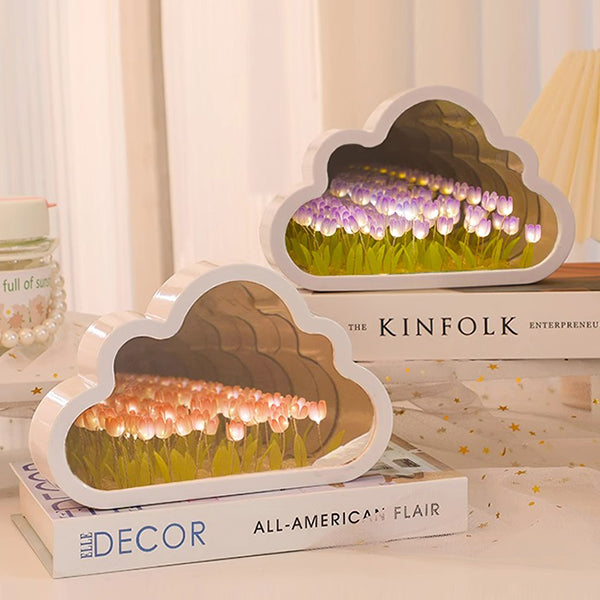Whimsical Cloud Tulip Night Light - Serene Ambient Lighting - Pink - Blue