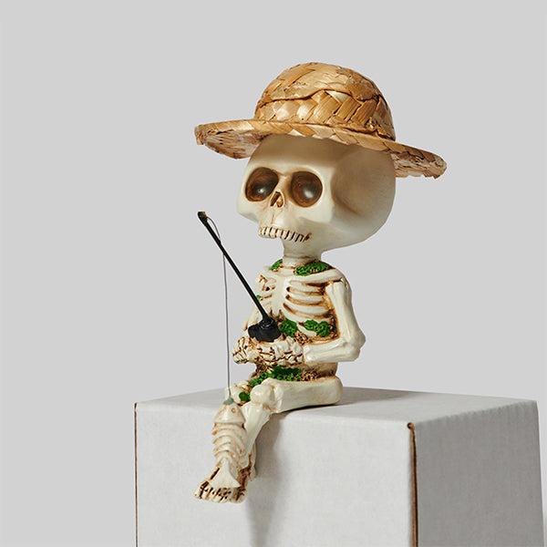 Skeletal Fisherman Figurine - Resin Craft with Straw Hat - Halloween Decoration