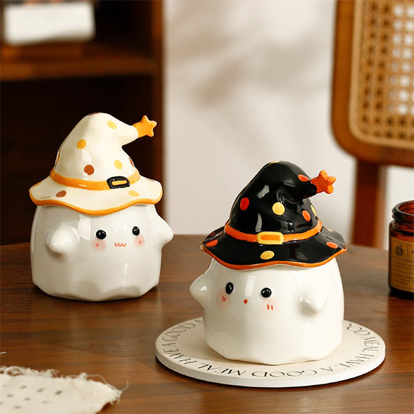 Halloween Ghost Cup with Magical Hat Lid - Pink - Black - Beige - Ceramic Craftsmanship