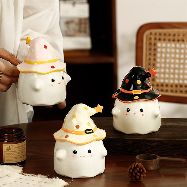 Halloween Ghost Cup with Magical Hat Lid - Pink - Black - Beige - Ceramic Craftsmanship