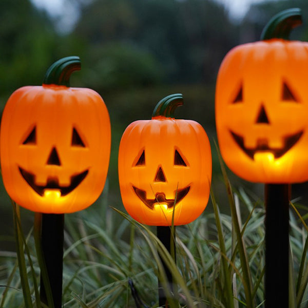 Solar-Powered Pumpkin Stake Lights - Halloween Outdoor Decorations - Warm Orange Glow